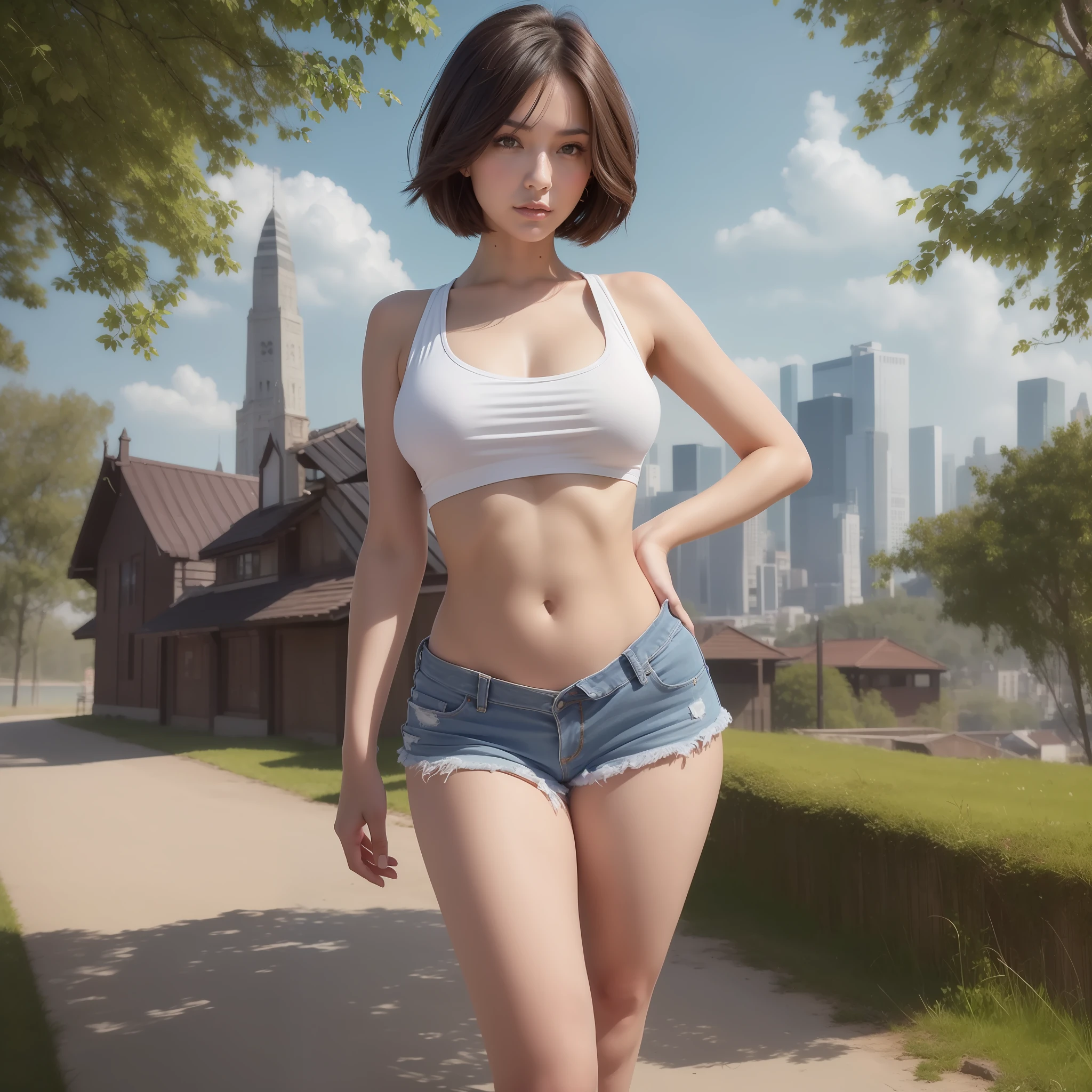 (Best Quality, 8k, Masterpiece: 1.3)), Sharp: 1.2, Beautiful Women with Perfect Bodies: 1.4, Slim Abdomen: 1.2, ((Layered Haircut, Large: 1.2)), American Woman, Full Body, (White Tank Top),