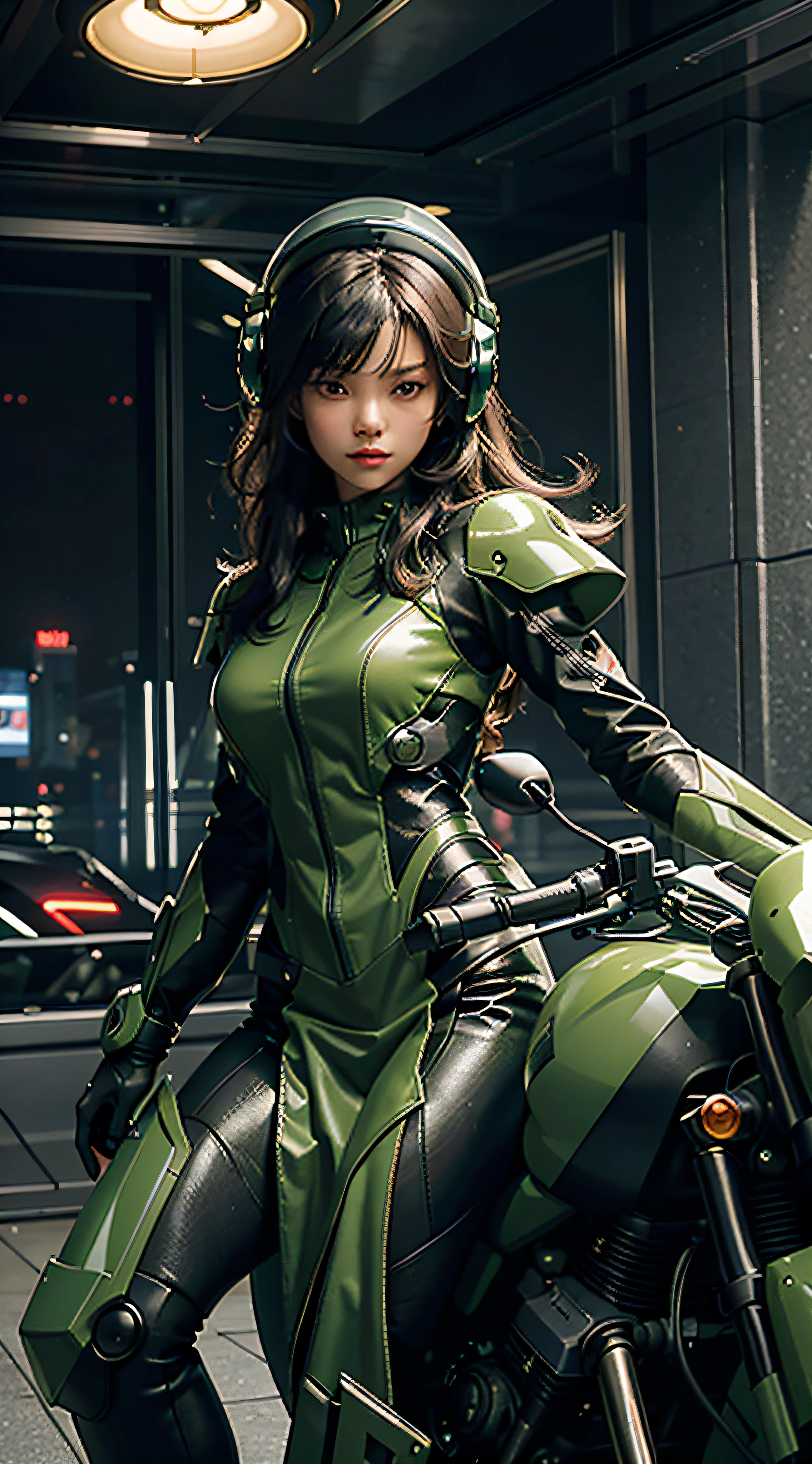 Highest image quality, outstanding details, ultra-high resolution, (realism: 1.4), the best illustration, favor details, highly condensed 1girl, with a delicate and beautiful face, dressed in a black and green mecha, wearing a mecha helmet, holding a directional controller, riding on a motorcycle, the background is a high-tech lighting scene of the future city.