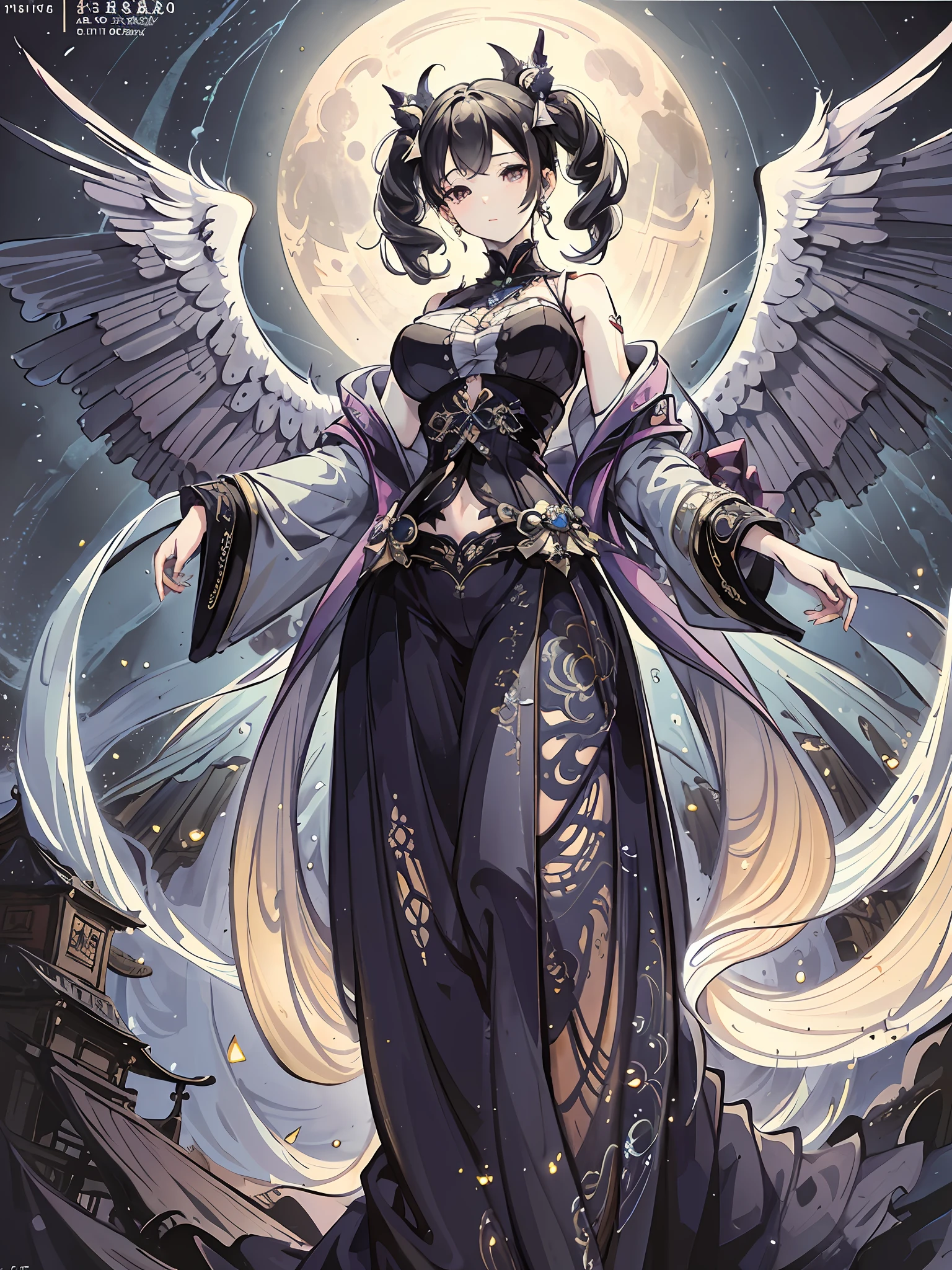 (Masterpiece, Highest Quality, Best Quality, Official Art, Aesthetics :1.2), (1 curvy Girl :1.3, (wide waist:1.2)), (Fractal Art :1.3), Deathlight, angel, full Moon, Clothes with Absurd details, vortex