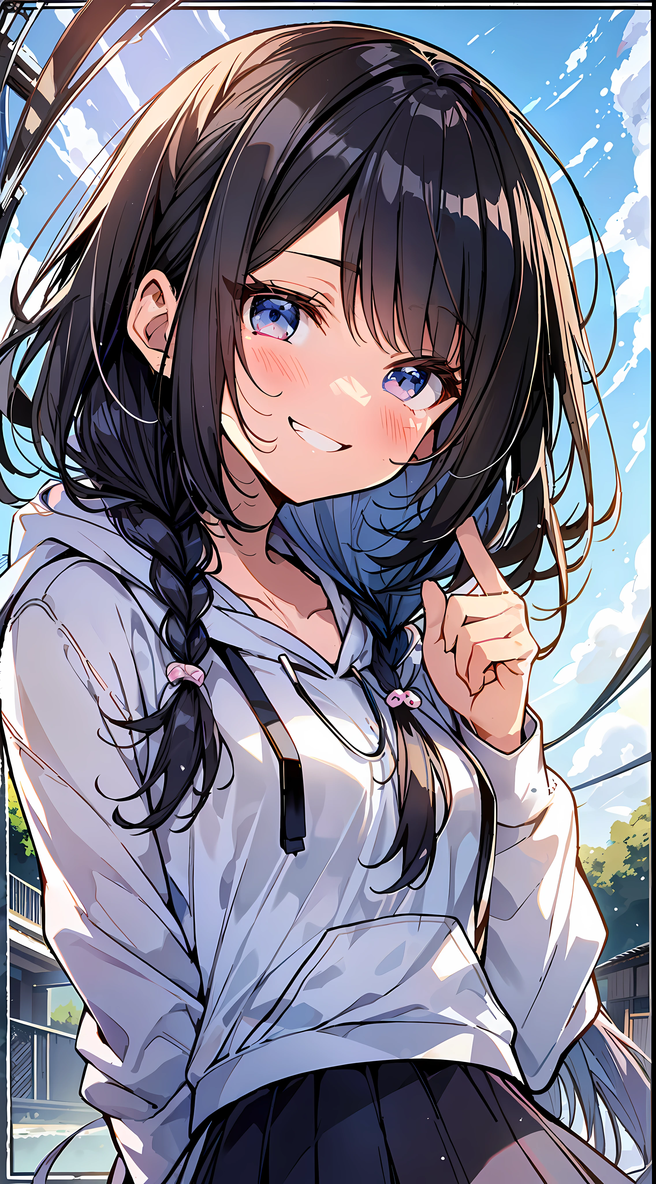 Top Quality, Masterpiece, Ultra High Definition, 8K, Summer Sky, Early Summer, (flared skirt, hoodie with thin hood, sneakers), Shojo Manga Style , One, Soft Line Art, Digital Enhancement, Shojo Manga Touch, Shojo Manga Core, Flowing Fabric, Close Up, (Hair length and short braid to the shoulders)), wet hair, Soft drawing, Beautiful black hair, Clear eyes, (( Teasing smile)), ultra-detailed digital anime art, clear face depiction, ultra-detailed shoujo manga character art, clear facial features, ultra-detailed manga style, top quality colors, hand gestures, landscape with nature, looking up at the sky, angle that can be seen up to the feet
