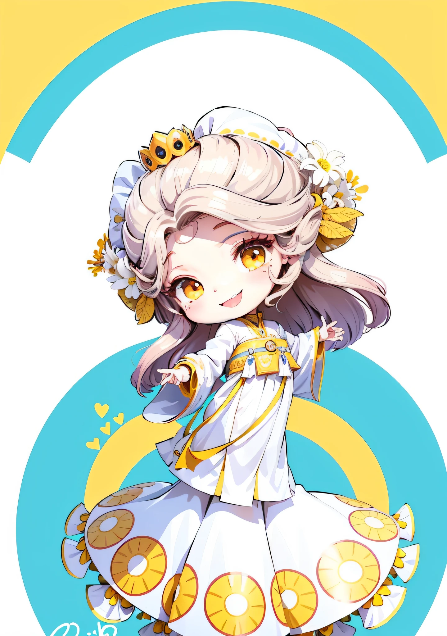 A cute cartoon girl, she is laughing, the headdress is white with rich flower details, the belt is yellow, the clothes are white and yellow, the hair is dark brown, dancing, the eyes are blue-pink, the eyes are shining, the background is blank, the line art