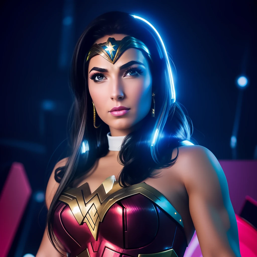 (renatta) as wonder woman, cartoon style, cyber punk style, intricate details, 8k, uhd, severe low lighting, high quality, sharp focus, fujifilm XT3