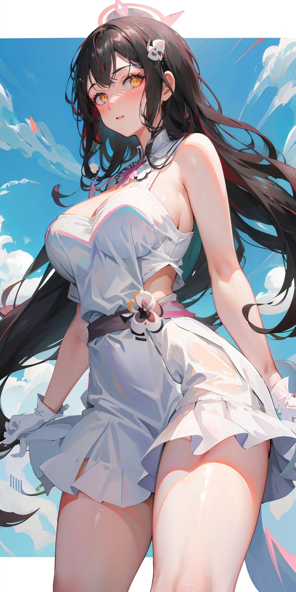 Anime girl wearing white dress, long black hair, clean and meticulous anime art, seductive anime girl, double tail white_gloves, white clothes, | fine detail anime, oppai, shiny wet skin!!, breast cover and SFW, anime goddess, albedo in Overlord, highest rating in Pixiv, beautiful and seductive anime woman, detailed anime art, low perspective