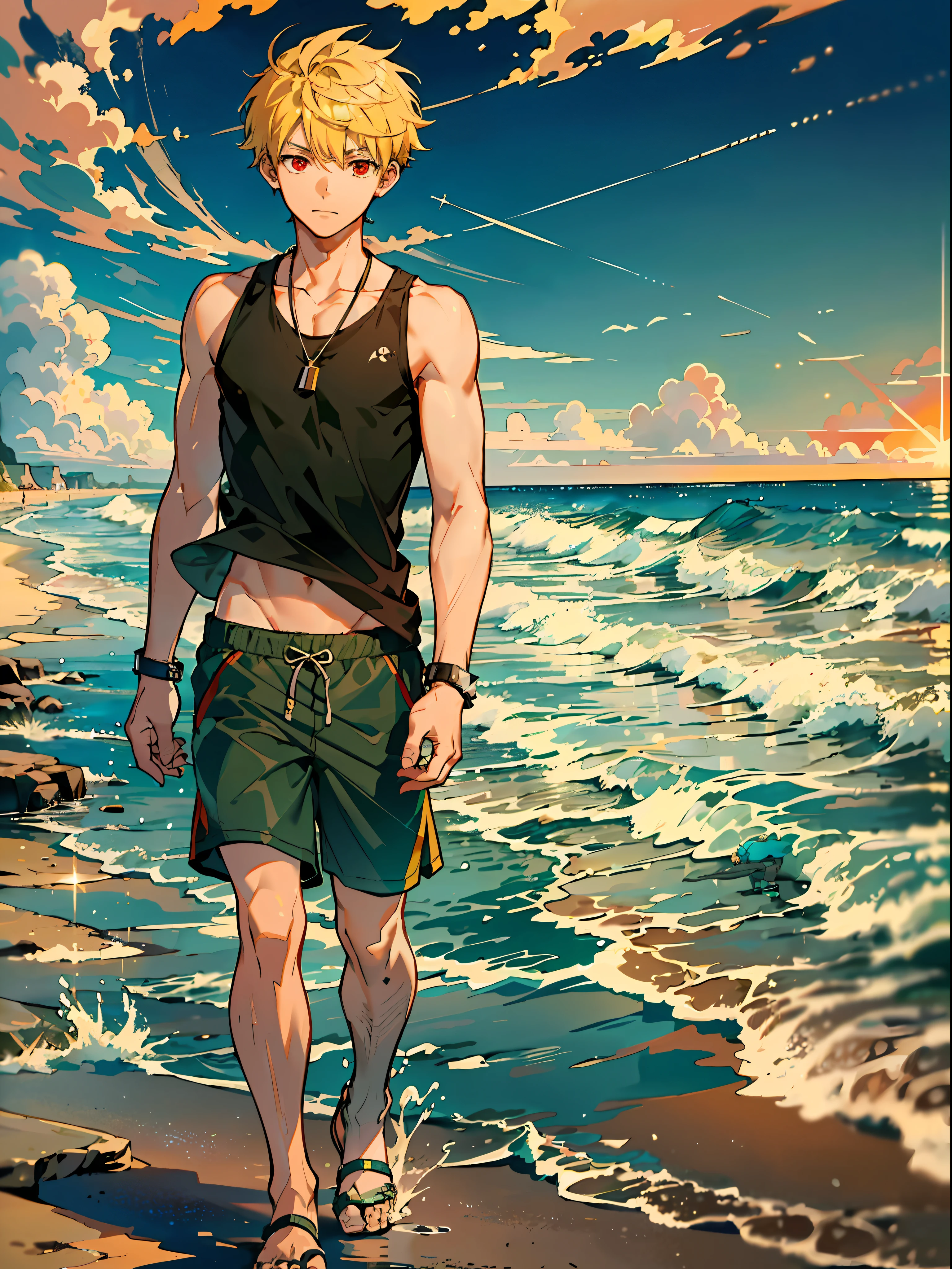Walking on the beach, beach at sunset,sky, (Masterpiece: 1.4, top quality), two boys, (Cute boy and shorts with green hair and big eyes and shorts: 1.2), (good looking boy and Capri pants with black tank top with very short blond spiked hair and red eyes: 1.2)