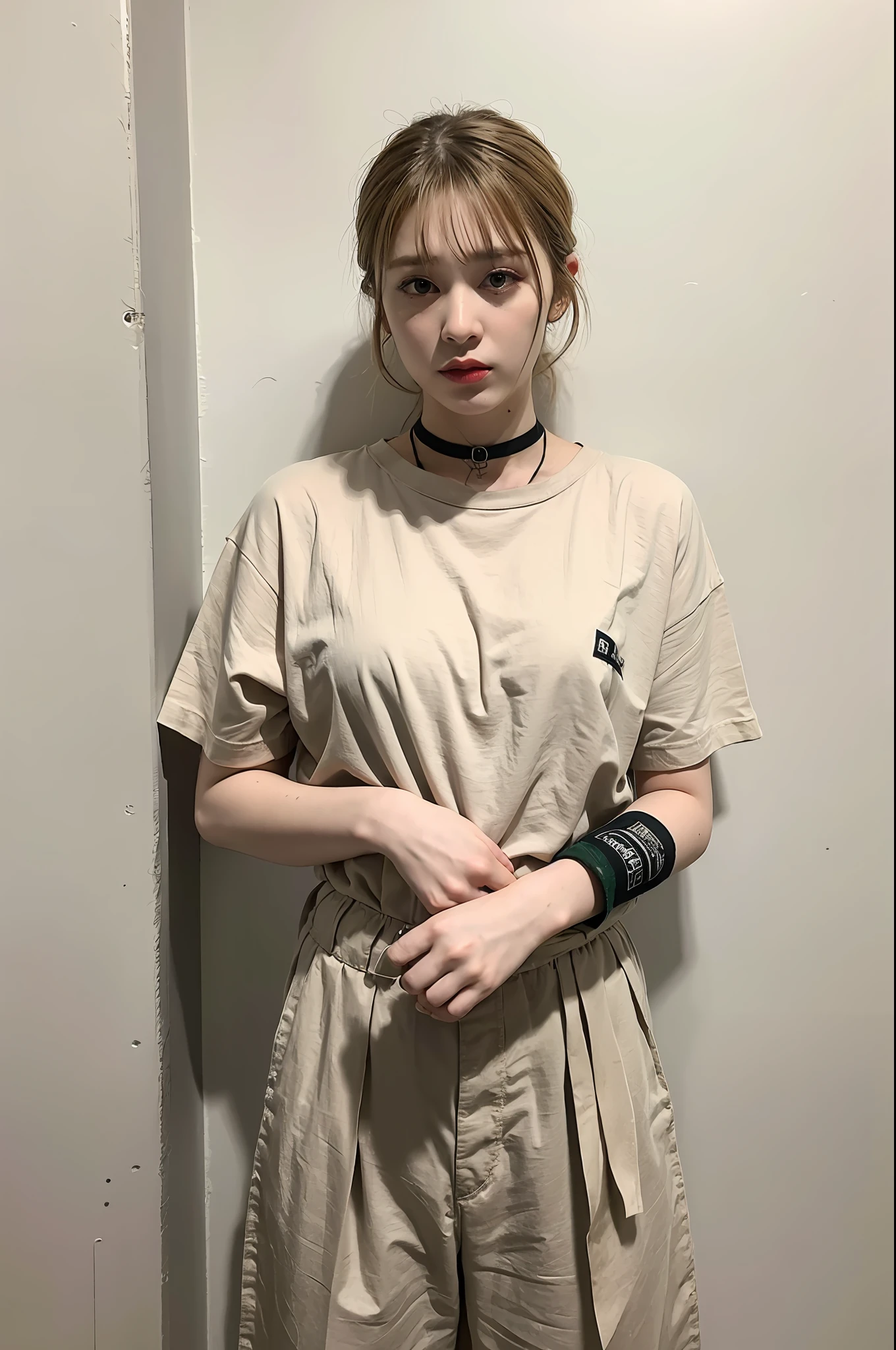 (8k:1.27), best quality, masterpiece, ultra highres:1.2), arrested lesbian goth delinquent girl with arm tattoos, tattooed girl, full body picture, beige oversized knotted prisoner t-shirt with black letters, short big sleeves, beige inmate prison uniform, beige short inmate pants, dyed green hair, dyed blonde hair, short bob hairstyle, high ponytail, hair bangs, in a prison cell, handcuffed, hands tied with rope behind body, submissive neck choker, 4k or 8k picture, looking sad, paisley bandana ribbon hairband, nose septum piercing, wearing dirty old clothes, smelly