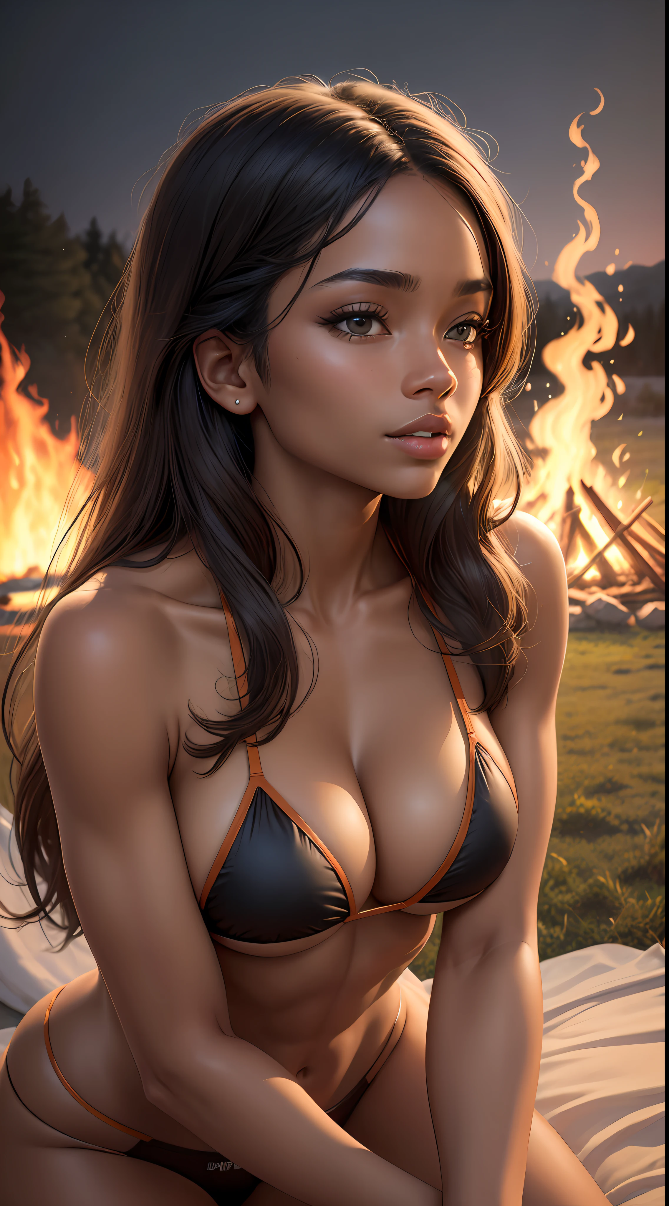 ((Best quality, 8k, Masterpiece :1.3)), open sky, night light, night sky, natural night light, beautiful African American woman, solid firm breasts, (firm abs, slender figure: 1.1), wide hips, long hair floating, light colored bikini, vibrant color bikini, ultra-detailed face, detailed lips, detailed eyes, double eyelid, lawn, lush greens, outdoor camping, outdoor bed,  Bonfire, face panting, kneeling on all fours, side view