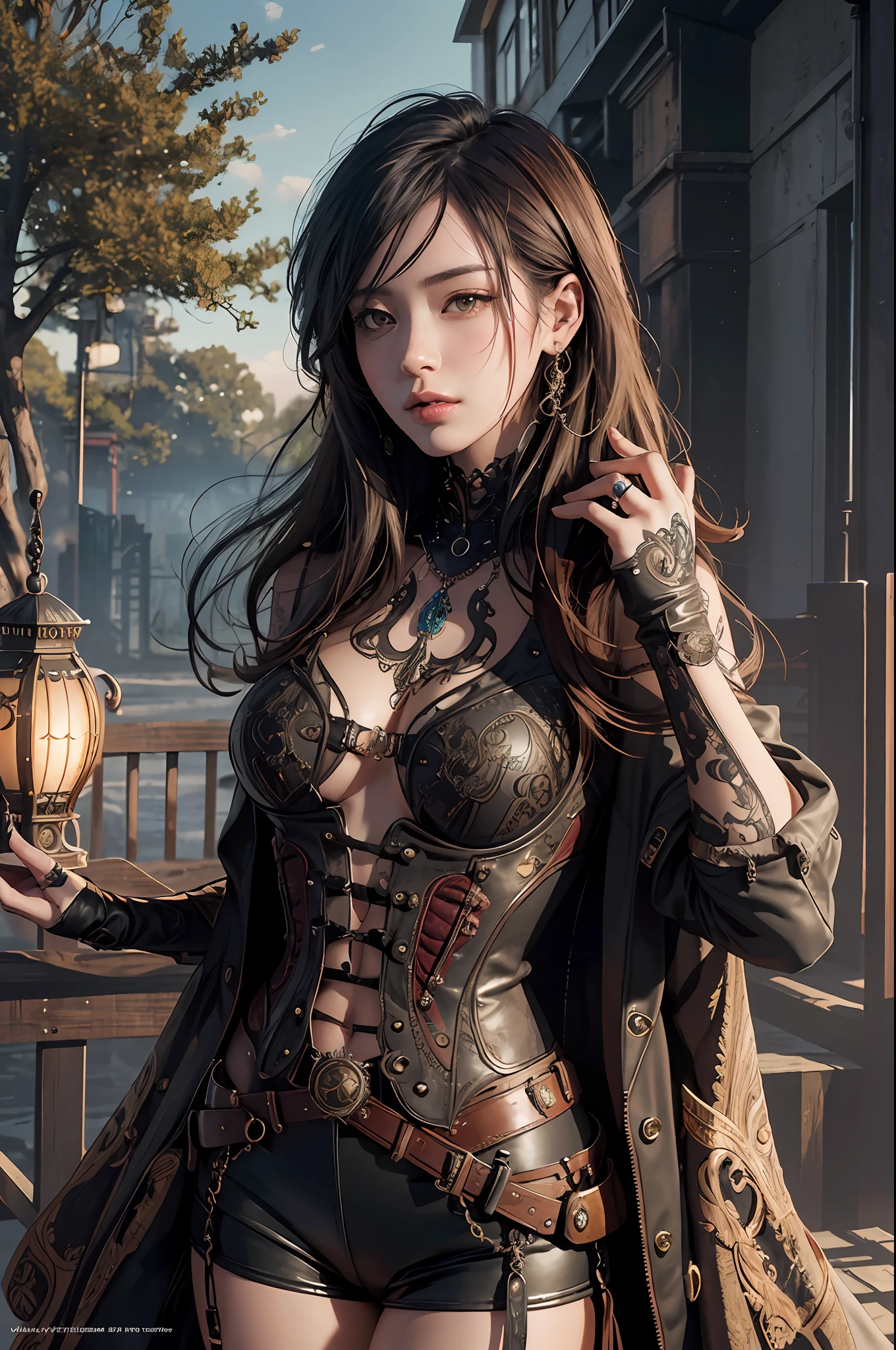 Official Art, Steampunk Style, Unity 8k Wallpaper, Super Detailed, Beautiful, Beautiful, Masterpiece, Top Quality, Too Classy, Unrivaled, Romanticism, Erotic, Contemplation, Emotional Depth, Supernatural, Nasty, 1 Girl, Full Body Japanese Tattoo, Full Body Piercing, Solo, Shot from Neck, Thigh Up