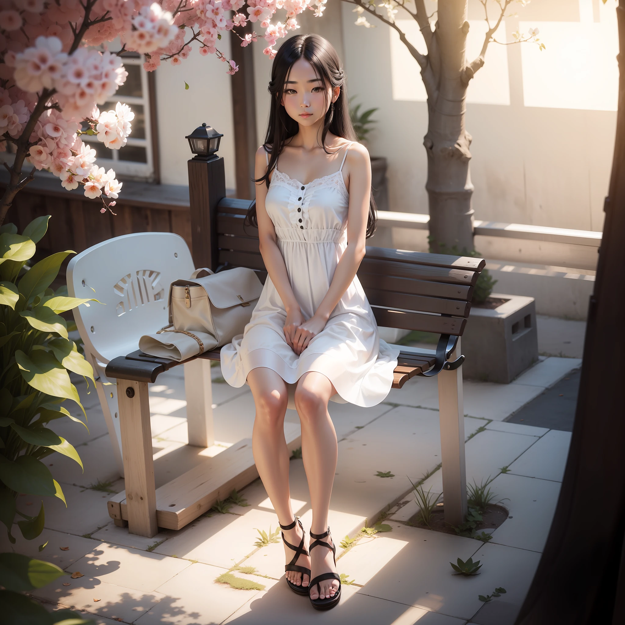 Camisole, white dress, white sandals, black long hair, sitting on a bench