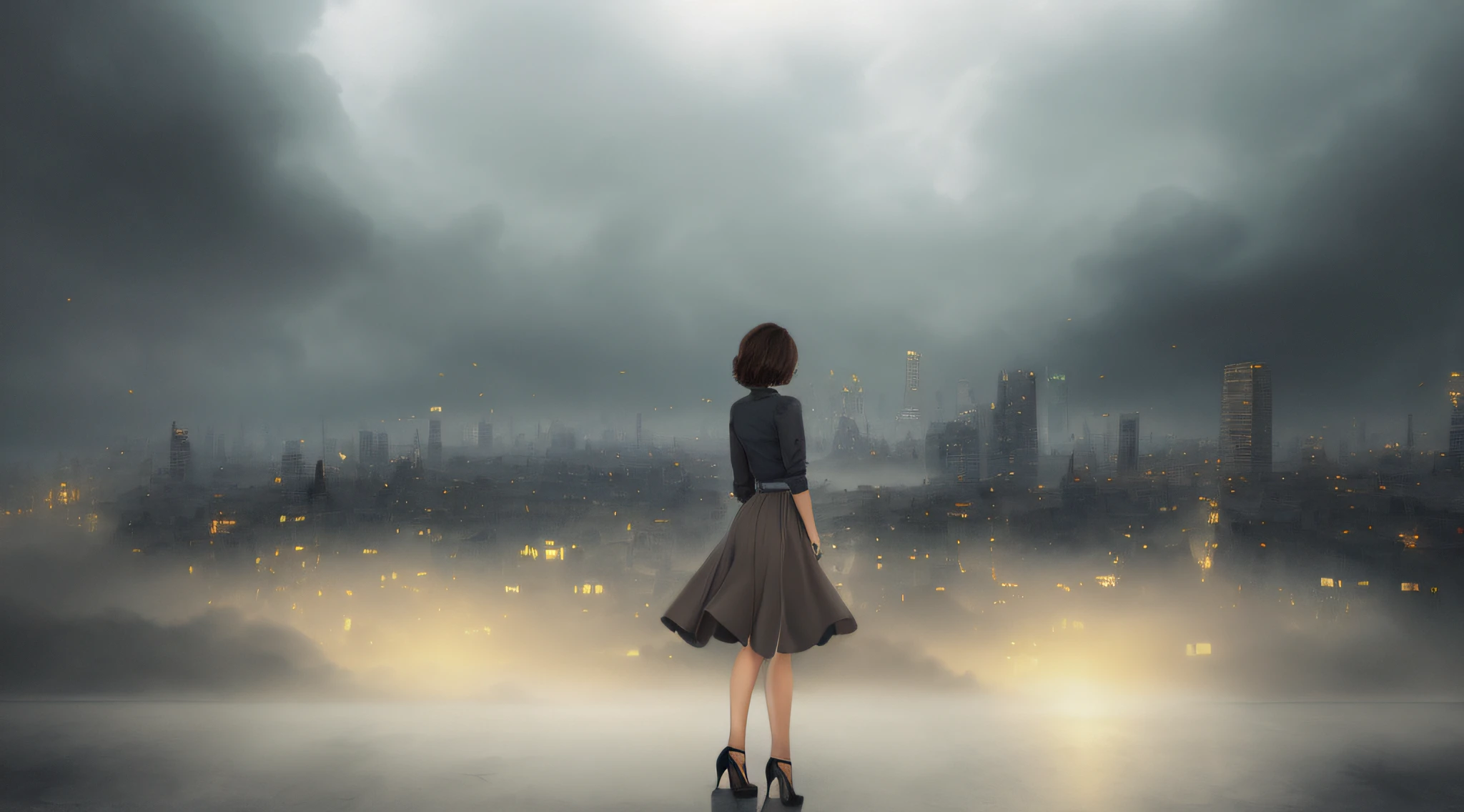 fantasy city, city in clouds, foggy dystopian world, sci-fi cityscape, city in clouds, city looming on the city, matte painting portrait shot, behind clouds and corrupt city, looking out over the city, soft focus matte painting, looking out over the city, young woman back view, brown short hair, gray shirt, gray long skirt, black pumps.