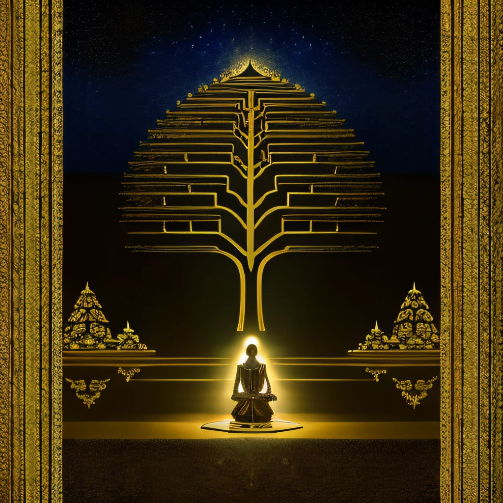 The subject of this artwork is the interplay between our concept of the universe and our concept of self., The Hierophant: A person kneeling in front of a religious figure or spiritual leader, symbolizing tradition, spirituality, and guidance from a higher power.,, Dark fantasy, high contrast Old Hollywood Assemblage, opening unpredictable A tree growing out of a book, representing knowledge and growth. In Elegant room, Concert poster, Aestheticism, glowwave, cyberdelic, dark academia dynamic lighting atompunk, Arabesque, by Joel Sternfeld, Nicholas Roerich, Jacques-Louis David and Takashi Murakami (Superflat), glitchcore, sepia, cgsociety LIMINAL SPACE