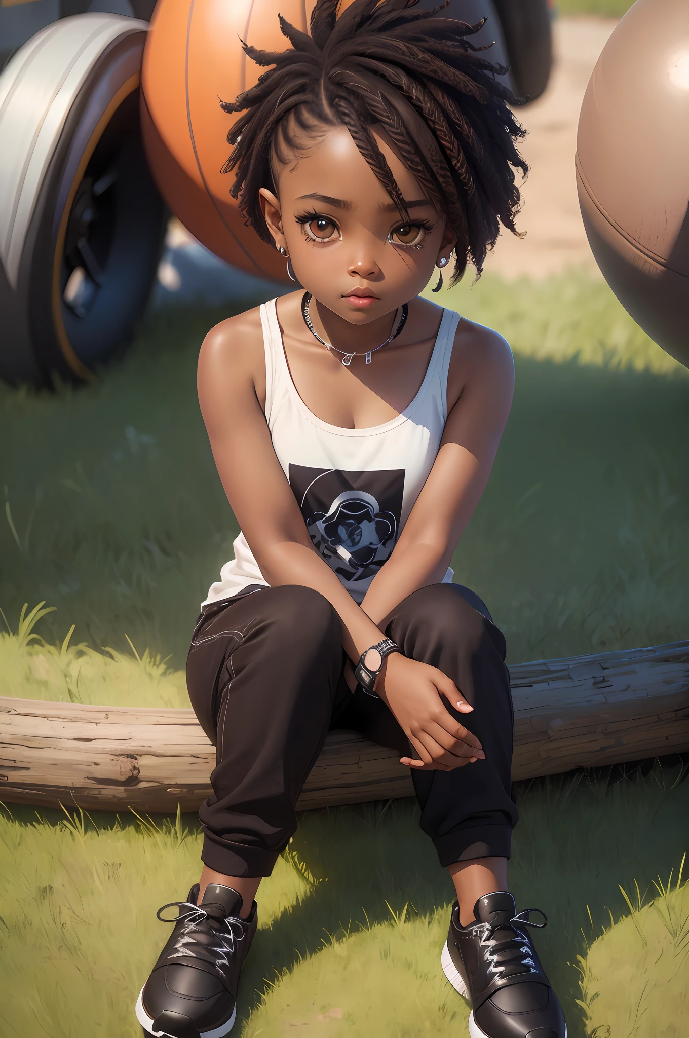 realistic portrait of cute African American  ((dark brown skin color)), big eyes, sitting playing with a ball, ((chibi)), ((ball)), ((grass)), wearing tank top, black pants and black shoes, current fashion, kanekalon style hair, dark lighting background, close-up, product view, detailed facial details, perfect face, sharpness, trend art, sharp facial details, cgsociety, ultra high quality digital art, hyper details exquisite, 4k, 8k neon lighting, --iso 100 dreamy, fashion -