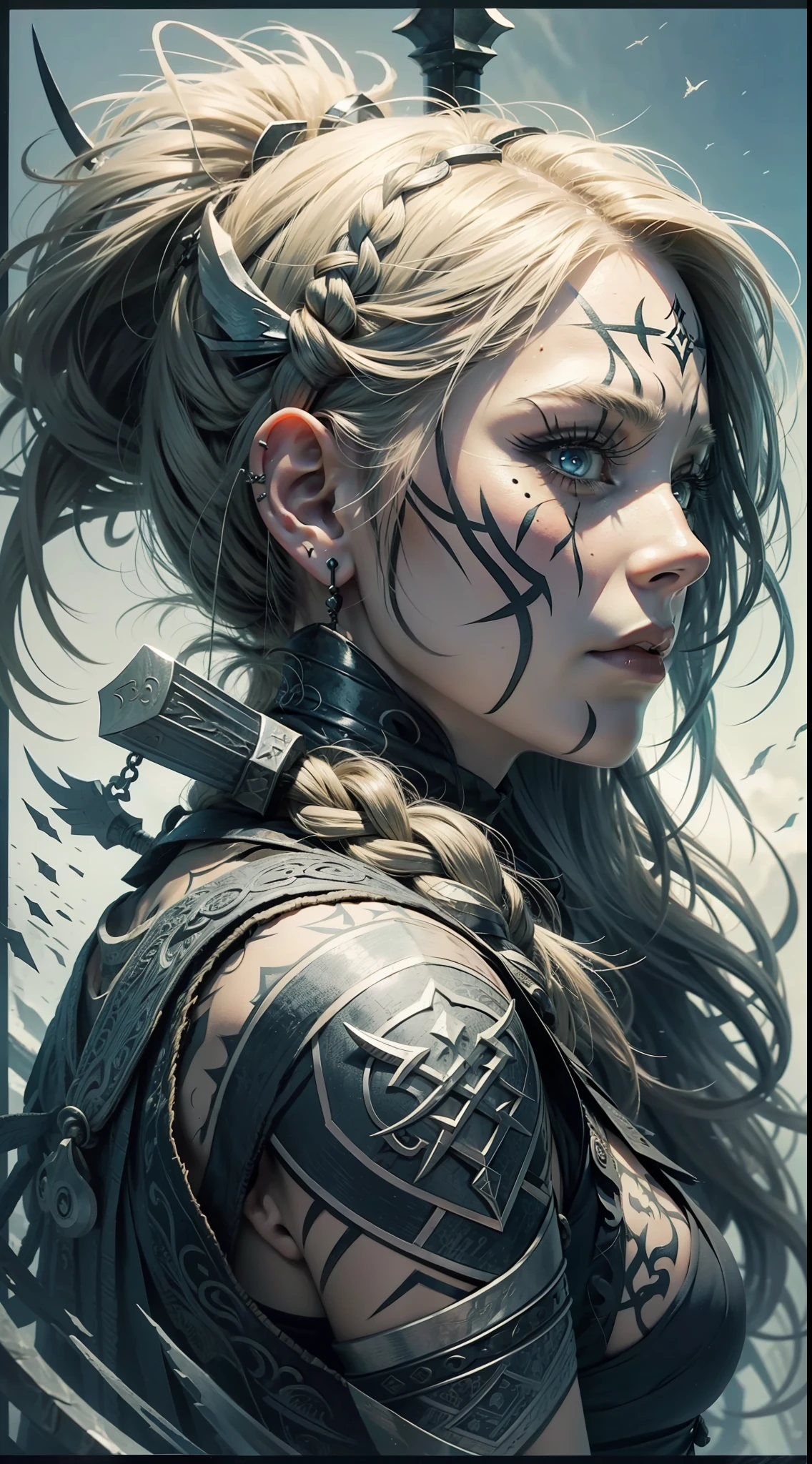 a viking woman,viking face tattoos,charcoal eye tattoo,face tattoo,anger expression,holding a viking axe,blonde,braided and messy flowing hair,bruised and scratched body,side view,profile view,velka,assassins creed valhalla,ragnarok,vikings,black body behind,nordic,valhalla,nordic runes,valkiryas,hand drawn, illustration,art nouveau