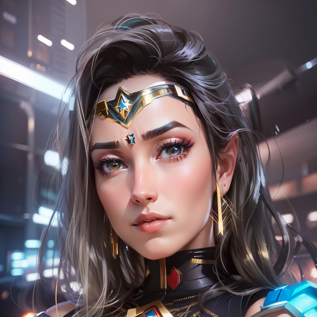 (renatta) as wonder woman, cartoon style, cyber punk style, intricate details, 8k, uhd, severe low lighting, high quality, sharp focus, fujifilm XT3