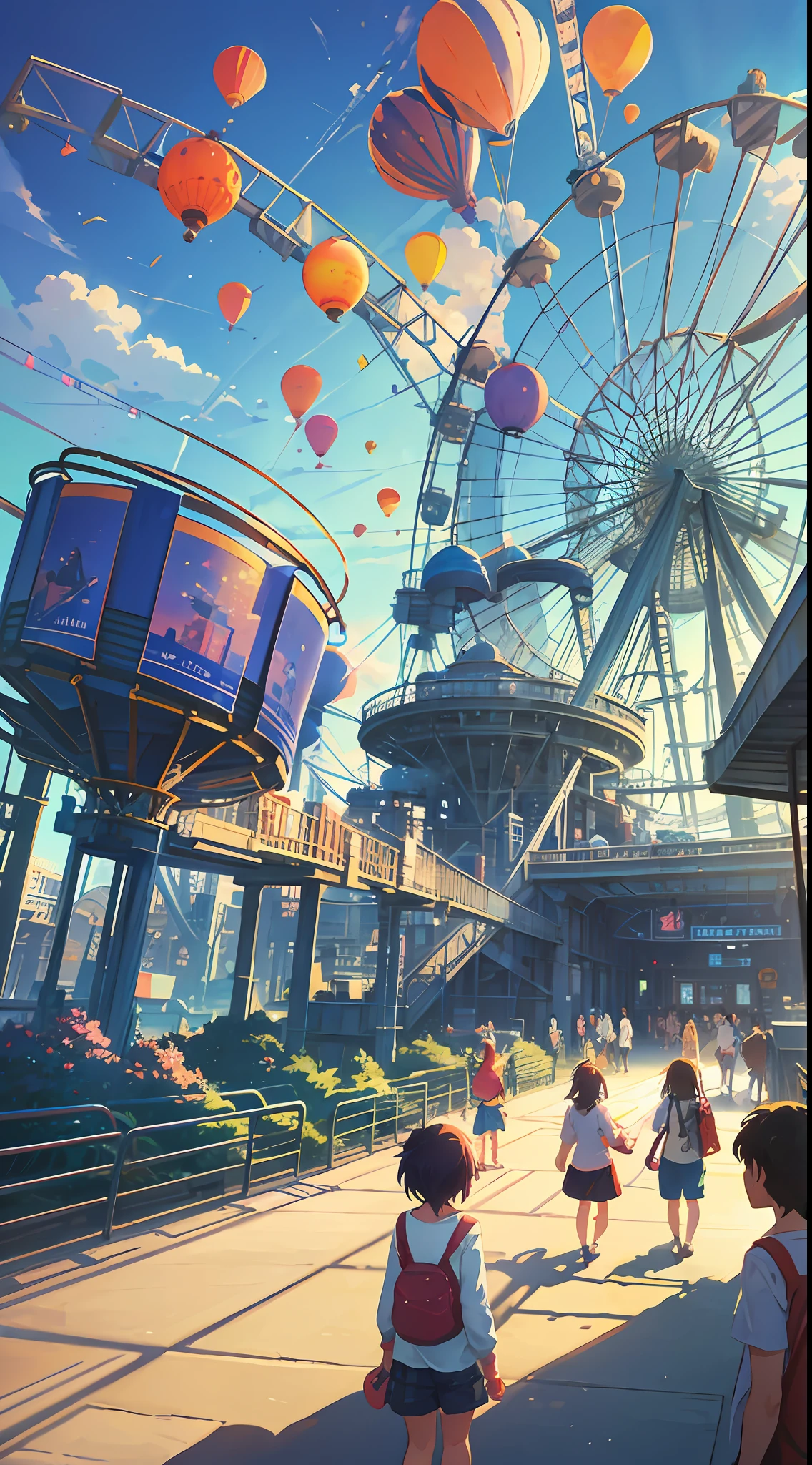 Clear morning, blue sky, people playing in amusement park, there are Ferris wheels, roller coasters, carousels, jumping machines, hot air balloons, anime landscape concept art, colorful anime movie backgrounds, anime background art, ((Makoto Shinkai)) --auto --s2