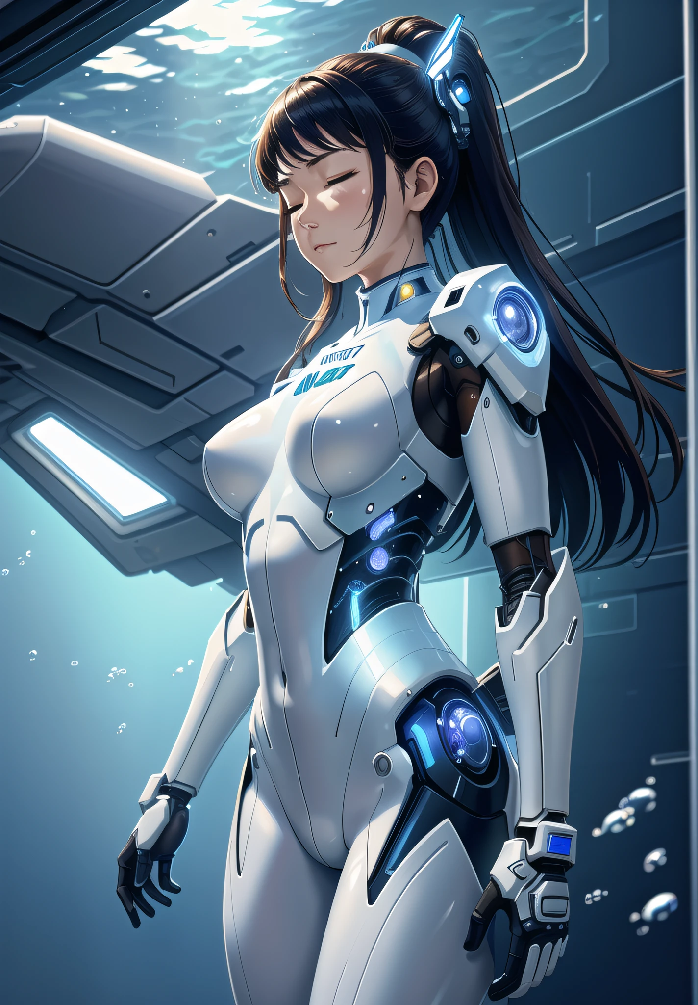 masterpiece, UHD, best quality, official art, extremely detailed 8k wallpaper, cowboy shot, 1girl,solo,closed eyes,side lighting ,translucent skin, white bodysuit, mechanical, indoors, hangar,in container, stasis tank, underwater, cyborg, mechanical arms, experiment