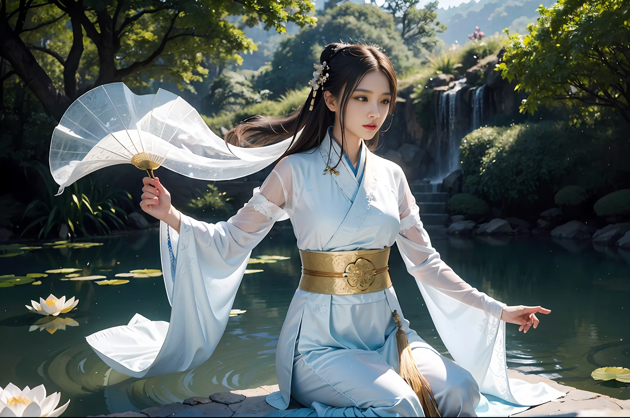Realistic, close-up, intricate details, super detailed, natural skin texture, 1 girl, hair bundle, bun, beautiful Chinese woman in white hanfu robe cloak, fairy, white mist, golden light, white mist, by the West Lake, in ancient Chinese pavilions, (colorful, vivid, sunny, cool light: 1.2) lotus leaves in the pond, delicate facial details, dynamic poses, exquisite details, wide view, epic details, global illumination- ar 3:2 - q 5 - v 5.1 - Style RAW - S 750, style influenced by ancient Chinese art, complex, high detail, sharp focus, dramatic, photorealistic painting art, lotus leaf, spring rain, bright, light, atmospheric, bright tones of spring, super detail, 16k, best quality, soft light, space, crystal clear, natural light, surreal photography