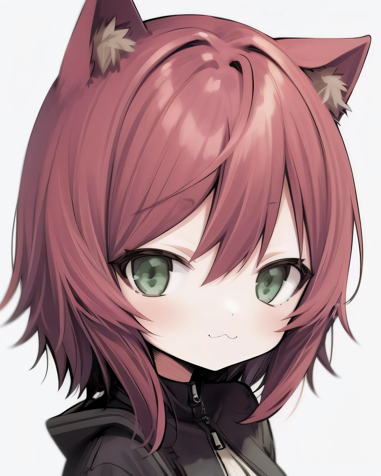 masterpiece, best quality, SakuraVRC, 1girl, solo, short hair, red hair, green eyes, chibi, animal ear fluff ;3, catmouth, smug, simple background, white background, grey background,
