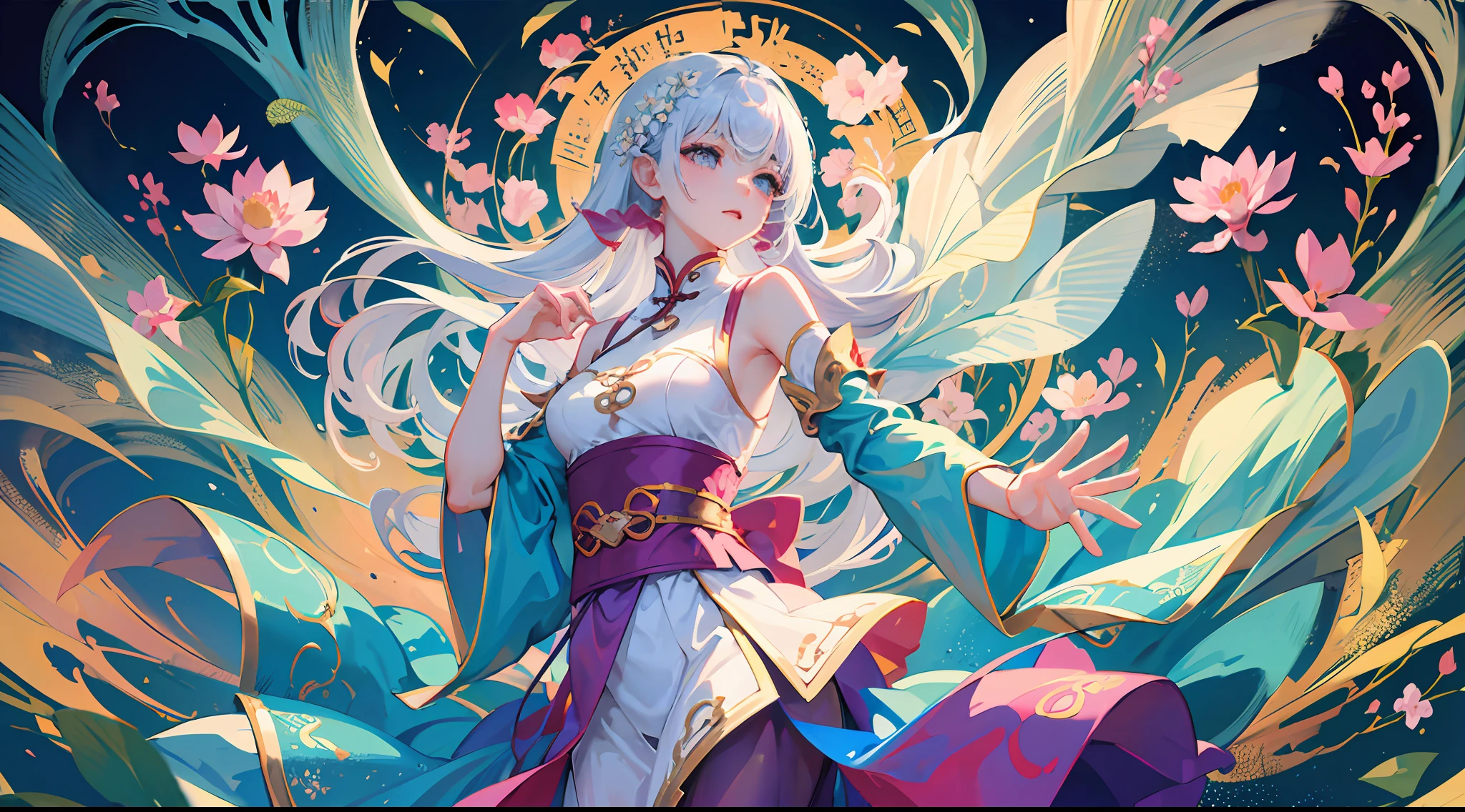 Chinese style fairy dances, (female one), the dance is full of elegance and chic, the face is extremely beautiful, wearing a white dress, like a cold snow lotus, eyes shining, high-quality CG shows oriental aesthetics, brilliant magic array, gorgeous fairy dress, exquisite posture, a female character, long hair soft and shining white light, dreamy clouds, ink pictures, quiet bloom. --auto --s2