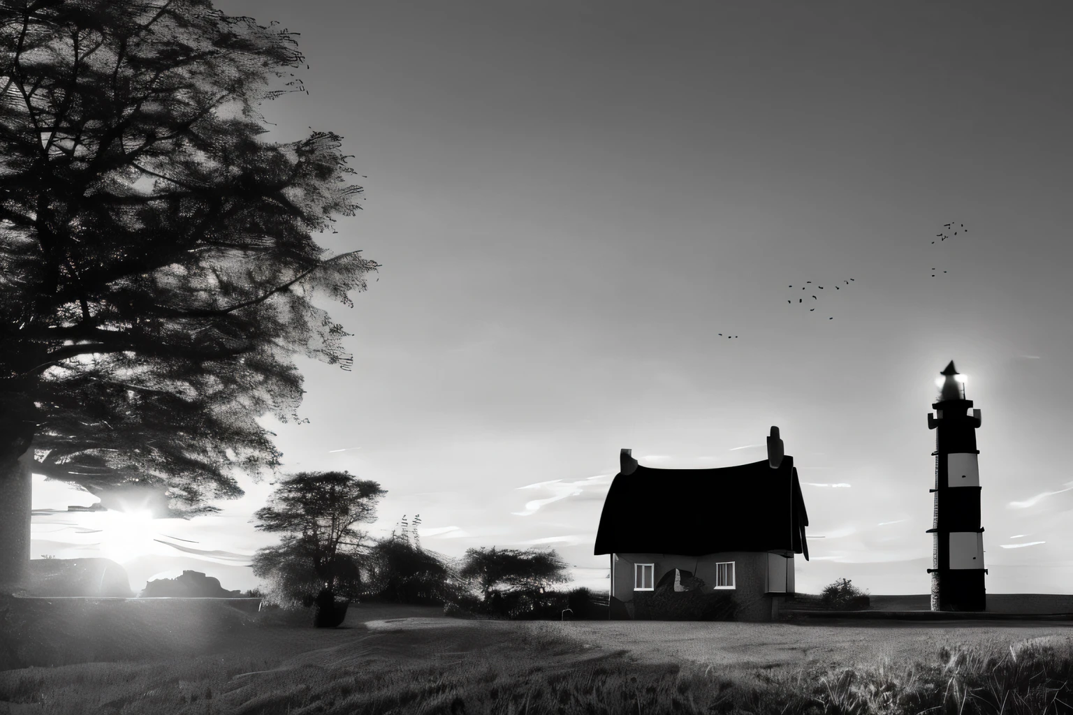 by (((phse))), Wide Angle black and white photo on  Kodak T-Max  film, (light house:1.2) on an island, (Log Roof:1.4),Hailing, Sunset,Kitchen Garden, italy