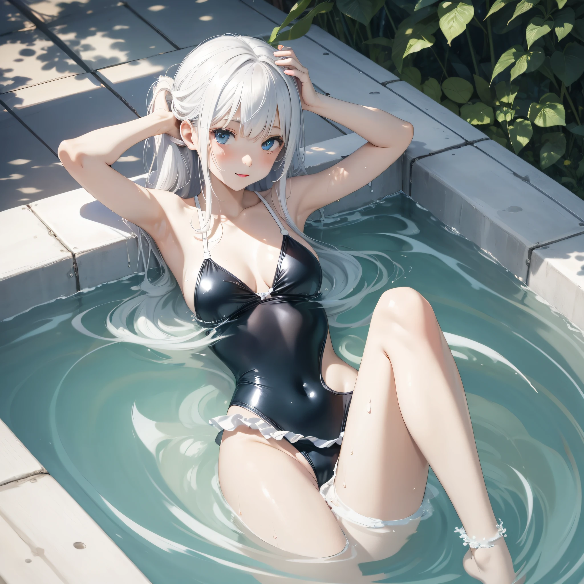 swimsuit, white silk, silver hair, girly, blue eyes, slender white legs, fresh, light, swimming in the pool, innocence, vitality, innocence.