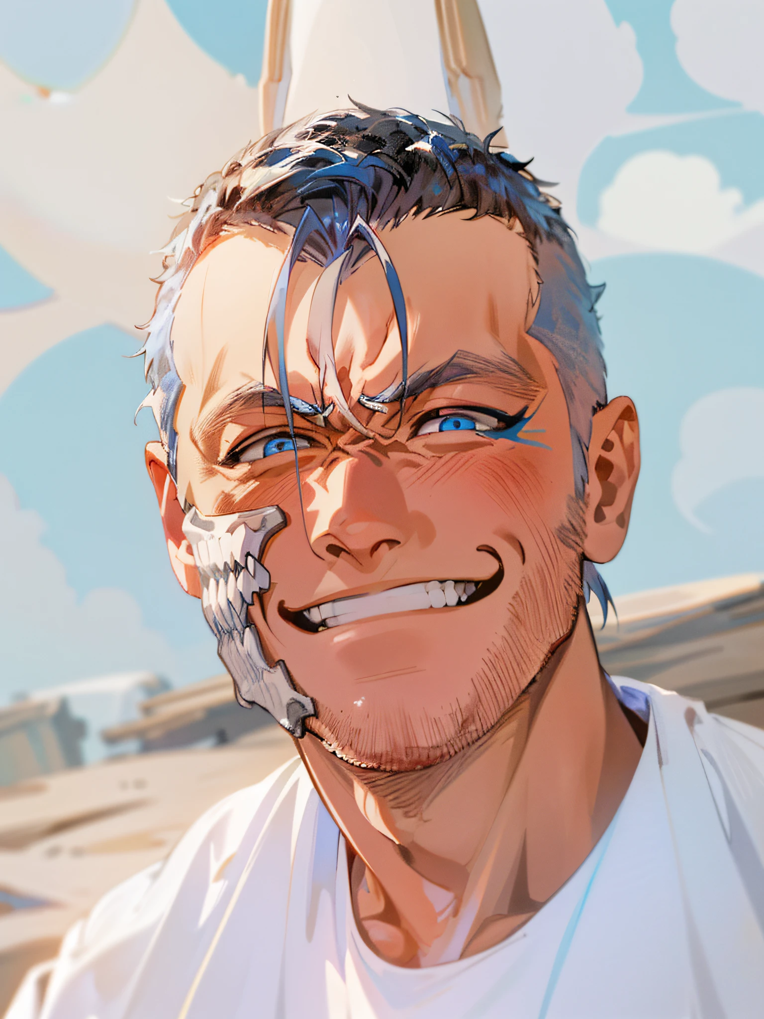 HD, (Best Detail) (Best Quality), detailed facial features, there is a man smiling at the camera, Grimjo Jaegyaks, black boots, natural light, blue sky, angry eyes, smile, looking at the audience, full body, male focus, strong muscles,