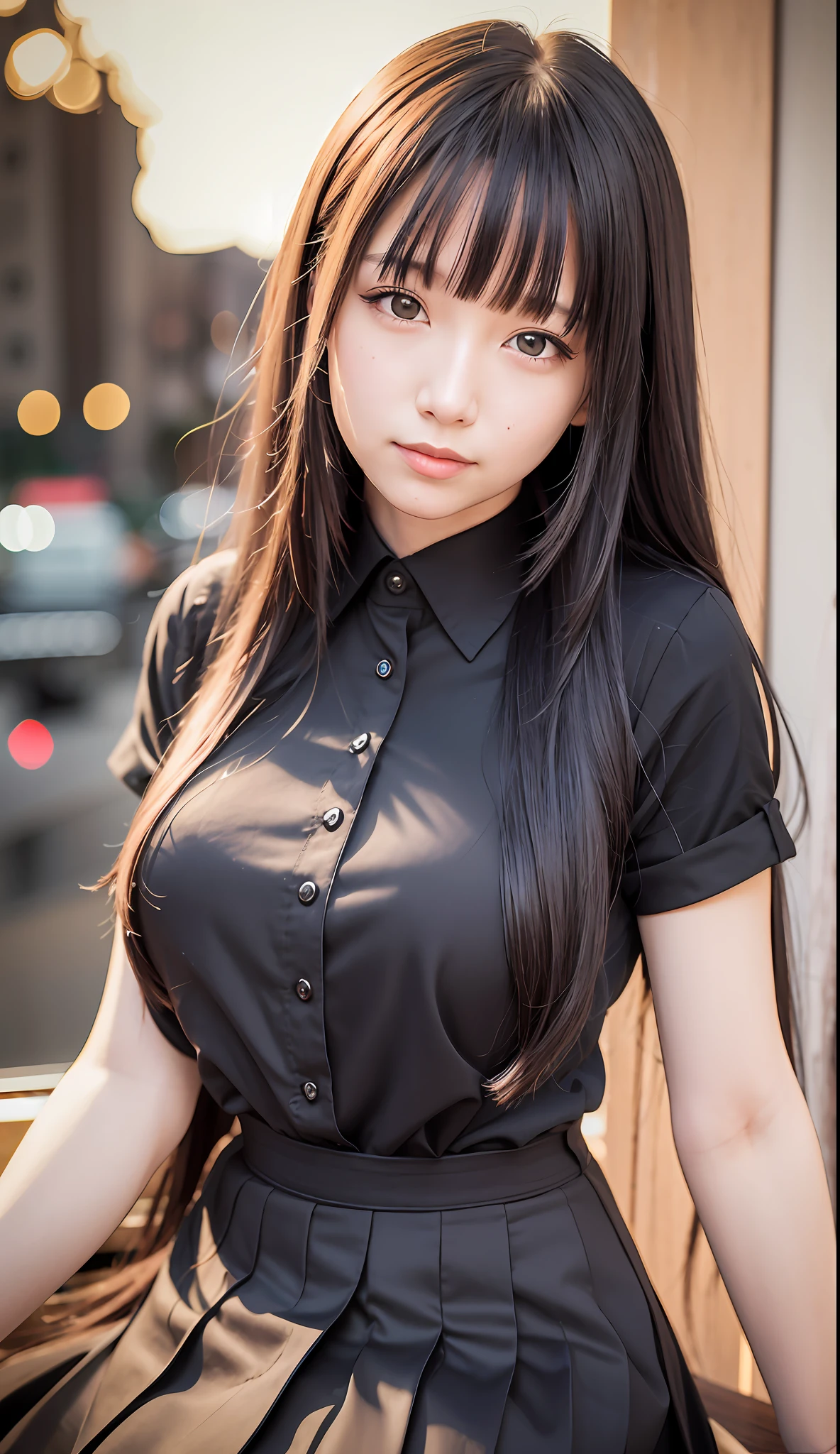 (8k, RAW photo, best quality, masterpiece:1.2), (realistic, photo-realistic:1.37), ultra-detailed,
1 girl, solo,beautiful detailed sky,detailed cafe,night,sitting,dating,(nose blush),(smile:1.1),(closed mouth),large breasts, seductive, smile, large aparture, professional lighting, Sony A7R4, Zessie 50mm F1.8,
beautiful detailed eyes,(black collared shirt:1.1),pleated skirt,(long hair:1.2), (30-years-old), dynamic pose, straight bangs, floating hair, --s2