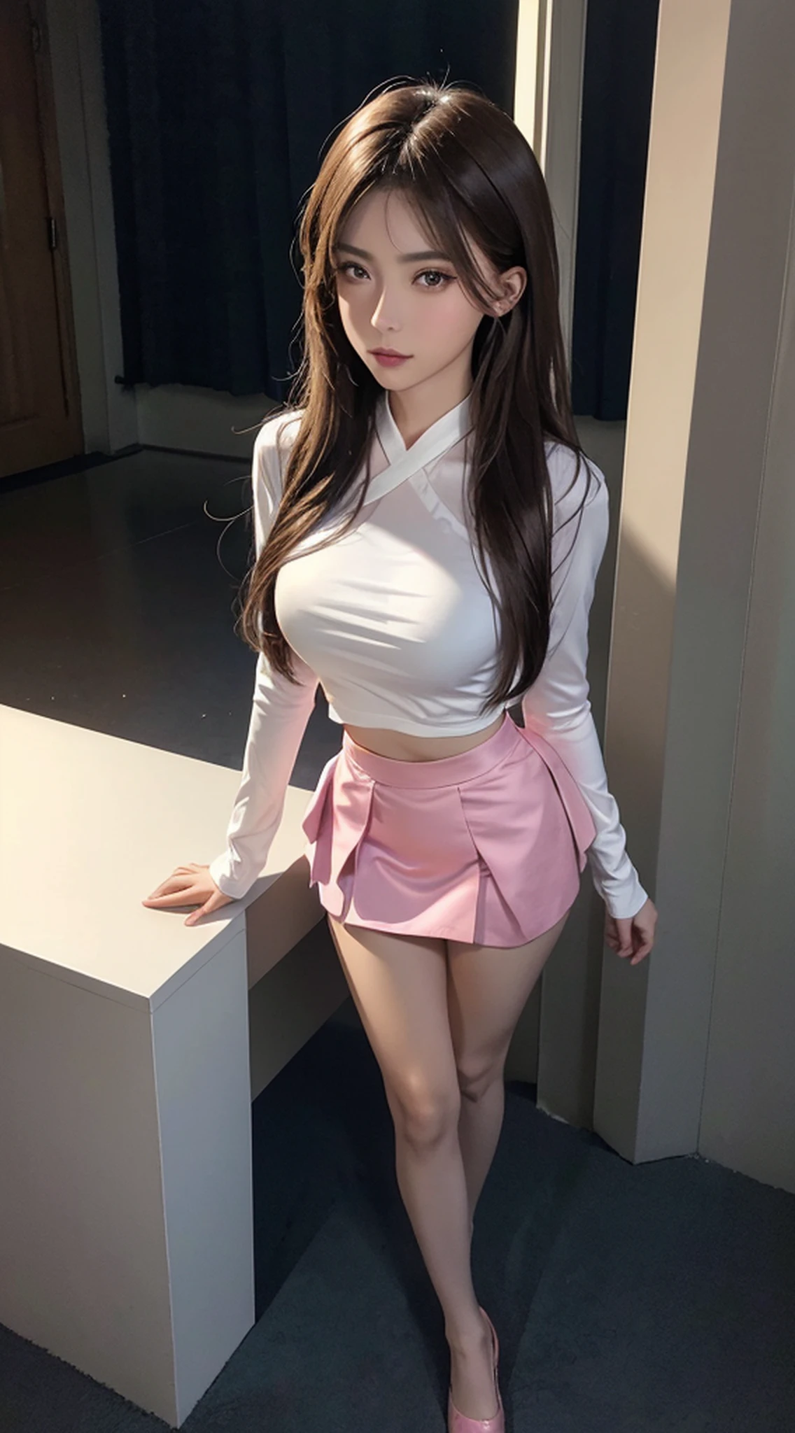 Midnight, Acura, 8k, Masterpiece:1.3, Full body, Long legs, Focal length: 1.2, Perfect Body Beauty: 1.4, Slim Abs: 1.1, Dark Brown Hair, White Shirt, Pink Suit, Pink Tight Short Skirt, White Slip Stockings, Standing: 1.2, City Night View, Highly Detailed Facial and Skin Texture, Detailed Eyes, Double Eyelids