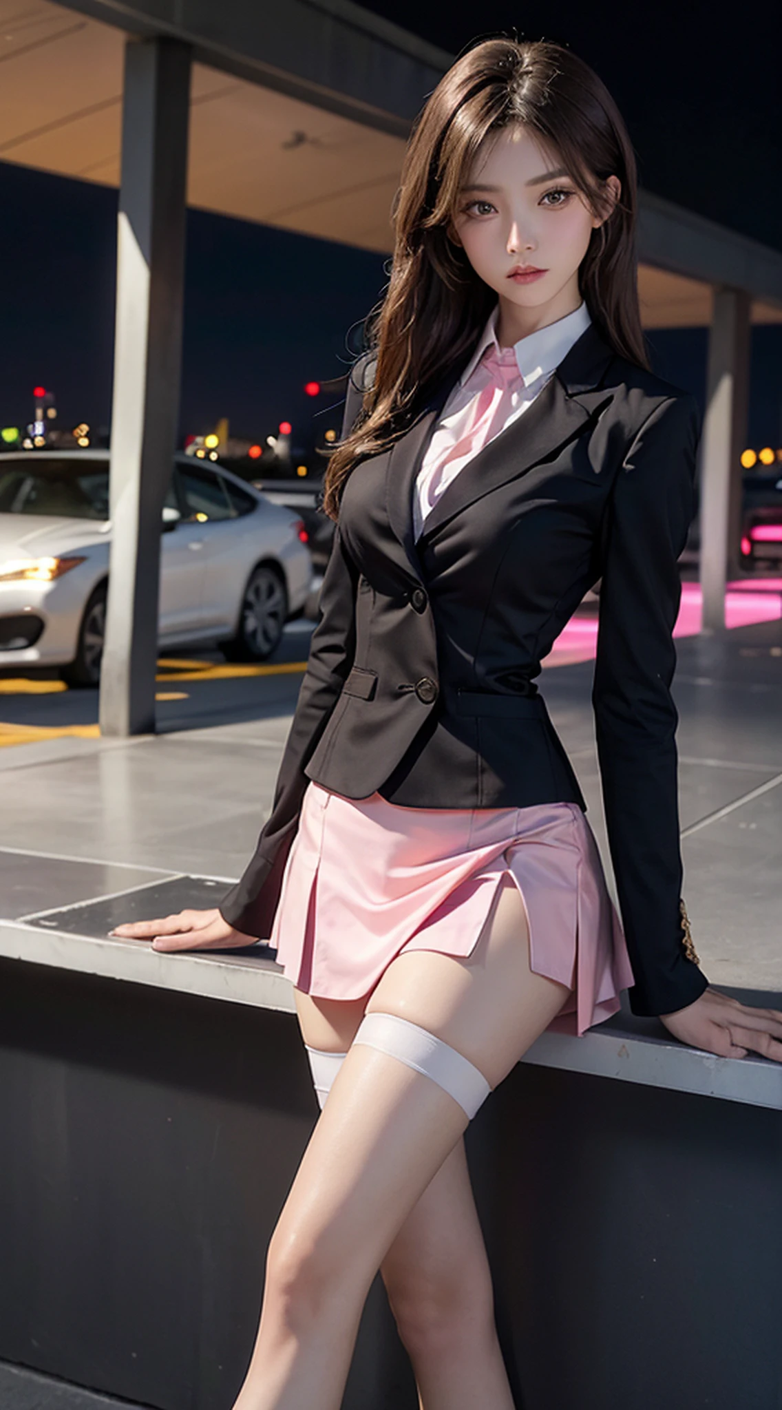 Midnight, Acura, 8k, Masterpiece:1.3, Full body, Long legs, Focal length: 1.2, Perfect Body Beauty: 1.4, Slim Abs: 1.1, Dark Brown Hair, White Shirt, Pink Suit, Pink Tight Short Skirt, White Slip Stockings, Standing: 1.2, City Night View, Highly Detailed Facial and Skin Texture, Detailed Eyes, Double Eyelids