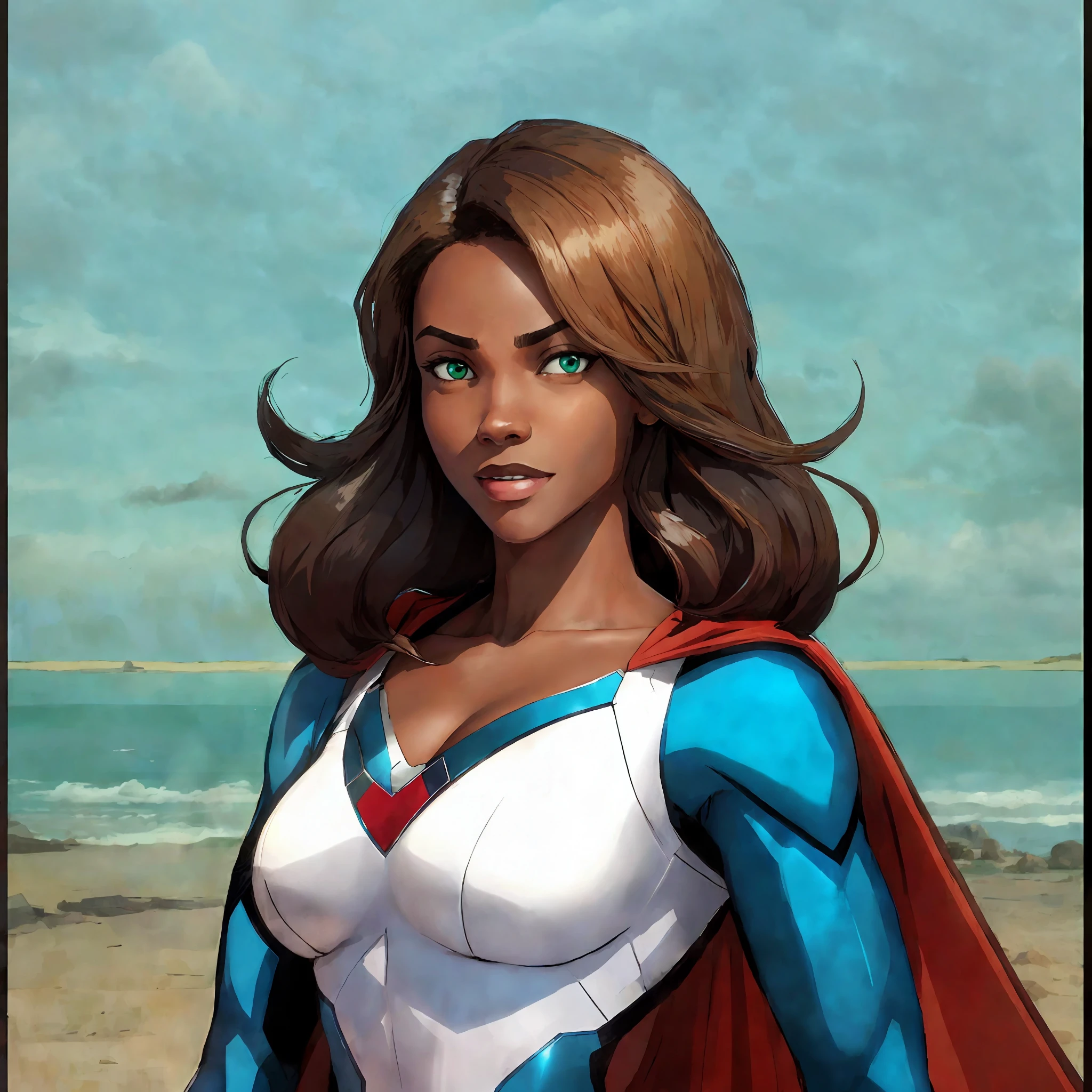 Black super heroine in blue and white costume with flying red cape, brown skin, gentle smile, confident, straight hair, green eyes, powerful, super strong, woman, picture background is blue sky with clouds