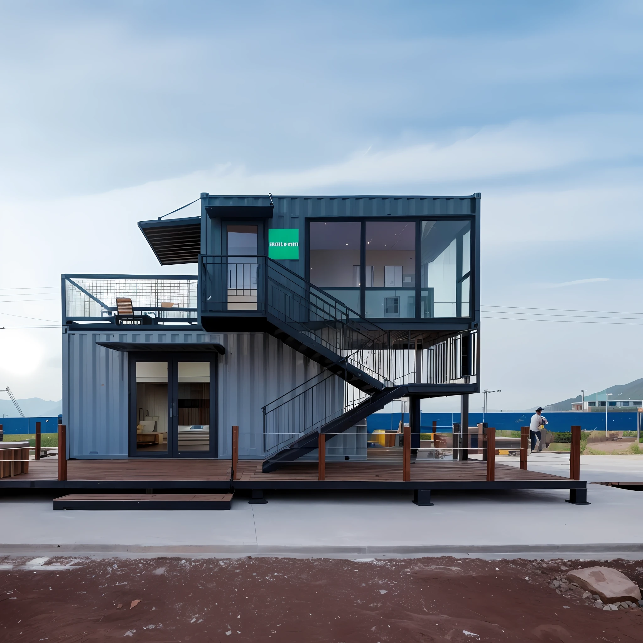 there is a small container building with a staircase and a balcony, shipping container house, modular, in style of norman foster, by Kanbun Master, by Simon Gaon, by Emma Andijewska, by Jakob Gauermann, front-view, a long-shot from front, by Matteo Pérez, by Randy Post, by Adam Manyoki