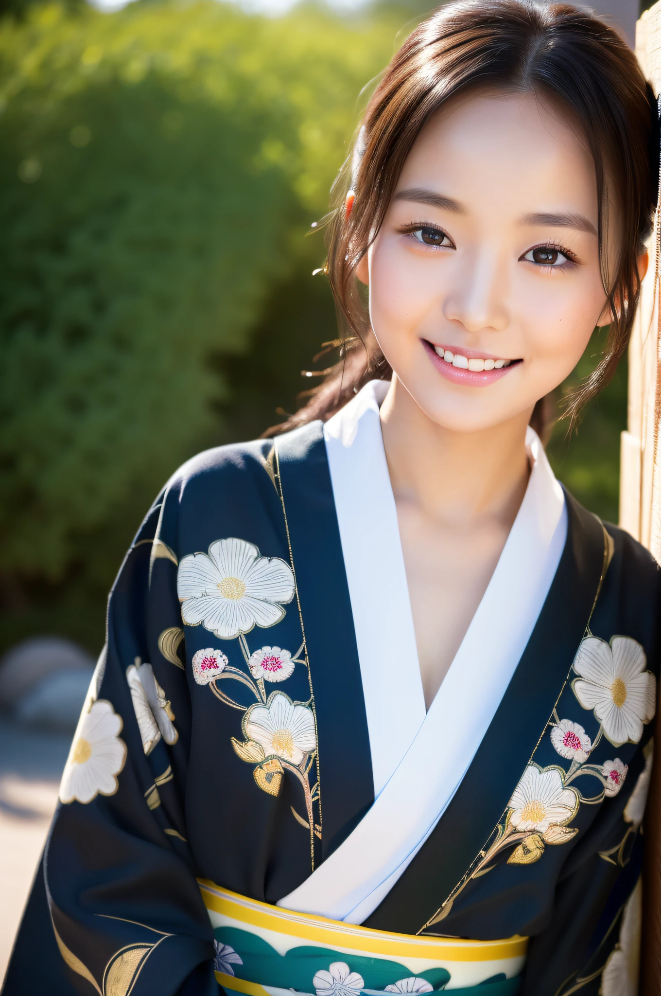 ((Top Quality, 8K, Masterpiece: 1.3)), Sharp Focus: 1.2, (beautiful Actress ), Realistic Photos (Shiny Skin), Black Hair,  Realistic Pupils, Movie Lighting, Highly Detailed Eyes and Face, Smile, in nature, A neat young lady Wear Kimono, japanese model