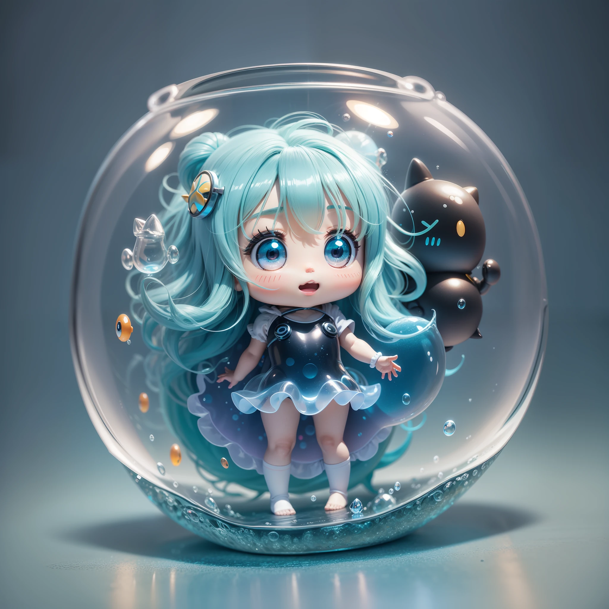 Super cute sea creature in glass bottle, full body 3d drawing, 1 cute, happy, c4d, pop matt blind box, glowing bubbles, toys, solid color background, chibi, fluorescent translucency, luminous body, kawaii, little monster, reference table, pop mart blind box, pixar, complex details, 3d rendering, blender, oc renderer, fol body reference sheet, dribble, high details, 8k, Studio lighting, loli, petite, child, chibi, standard definition characters: 1.1, magic space warehouse background