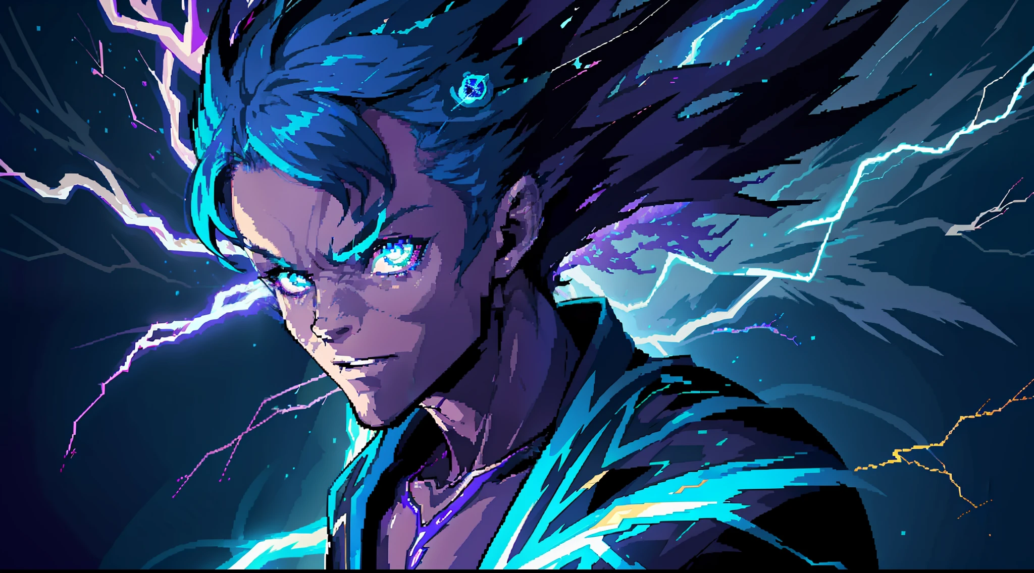 a close-up of a person with a purple and blue background full of lightning, glowing black aura, evil aura, 8k anime, an epic anime of a being with lightning powers, epic anime style, menacing aura, aura of darkness, evolving into his final form, glowing power aura, cosmic power glowing and flourishing, many lightning bolts surrounding the character
