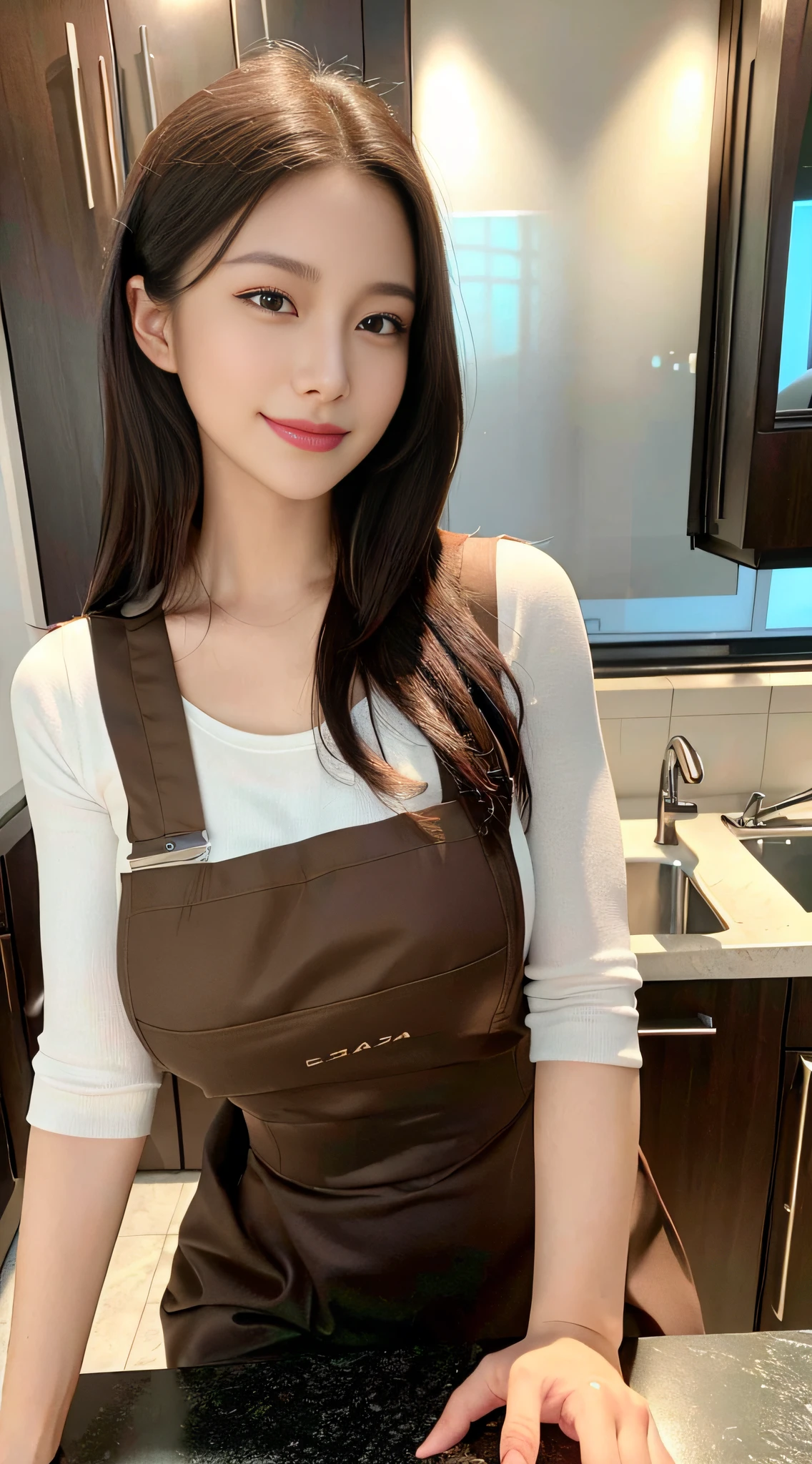 Ultra detail, high resolution, (realistic, realistic:1.4), 8k, (best quality), physical-based rendering, realistic photos, professional color grading, highest quality, beautiful woman with perfect body: 1.4, dark brown hair, wearing an apron, in the kitchen, very detailed face and skin, detailed eyes, double eyelids, smile