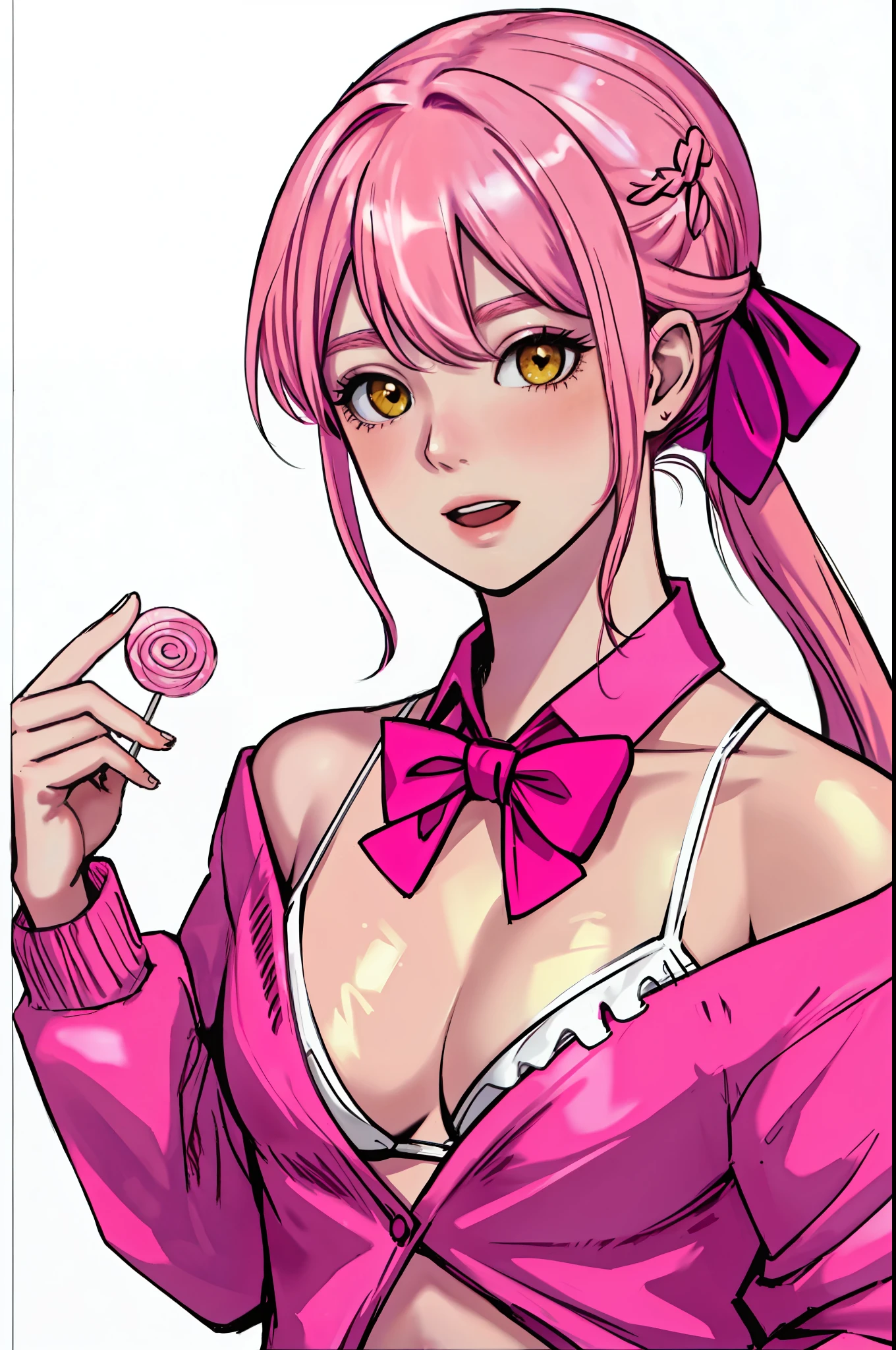 synecdoche, masterpiece, best quality, 1girl, solo, pink hair, wearing bikini, hair ornament, shirt, ponytail, holding, holding lollipop, long sleeves, pink hair, pink border, bow, yellow eyes, holding food, open mouth, hair clip, looking at the viewer, off the shoulder, bikini, hair bow, blush, :d, breasts, purple bikini, bangs