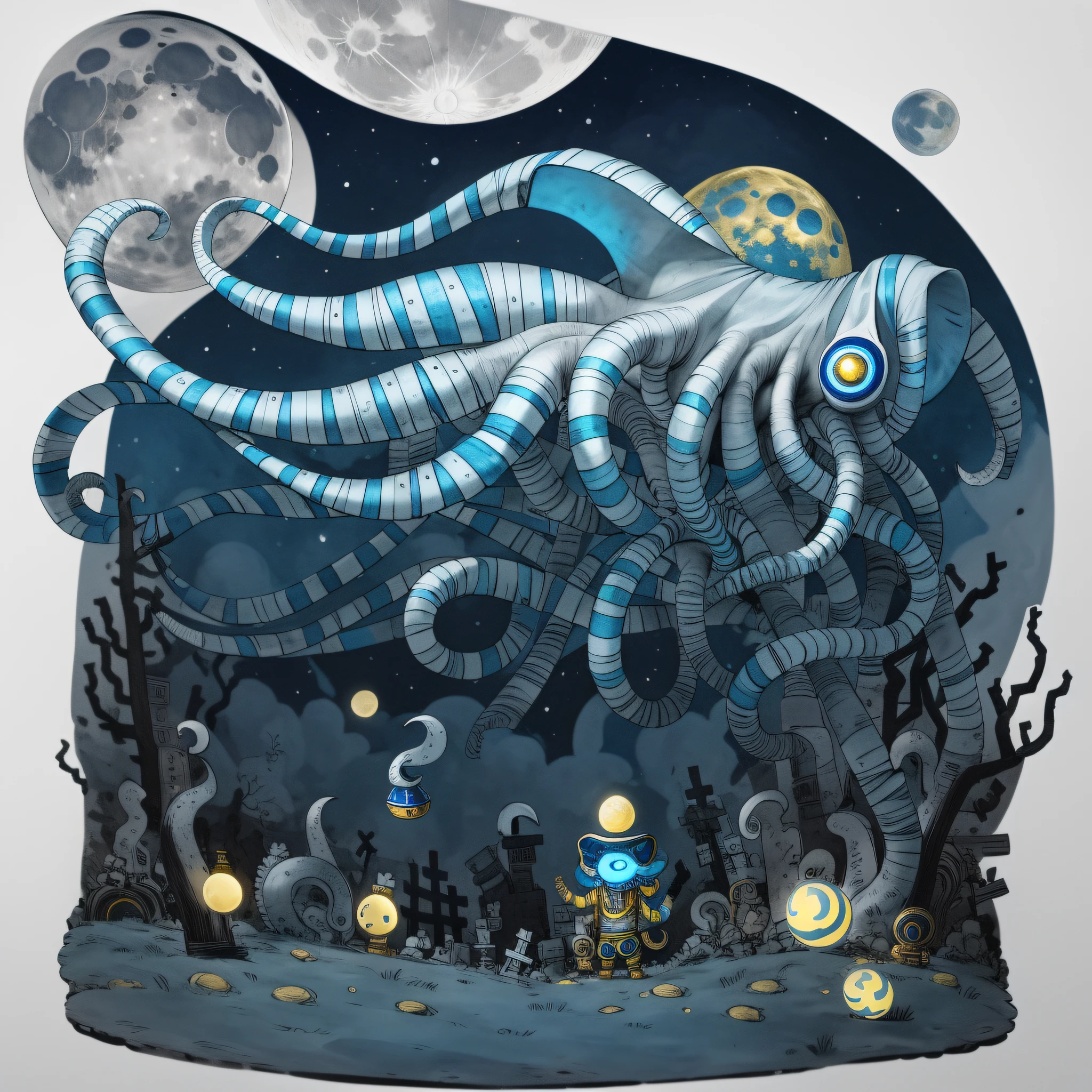 cephalopod, (cephalopod), blue tentacles wrapped with white, mummy-like wrappings, blue skin, gold moon belt, in a graveyard under the full moon, Egyptian god of moon, Masterpiece, Best Quality