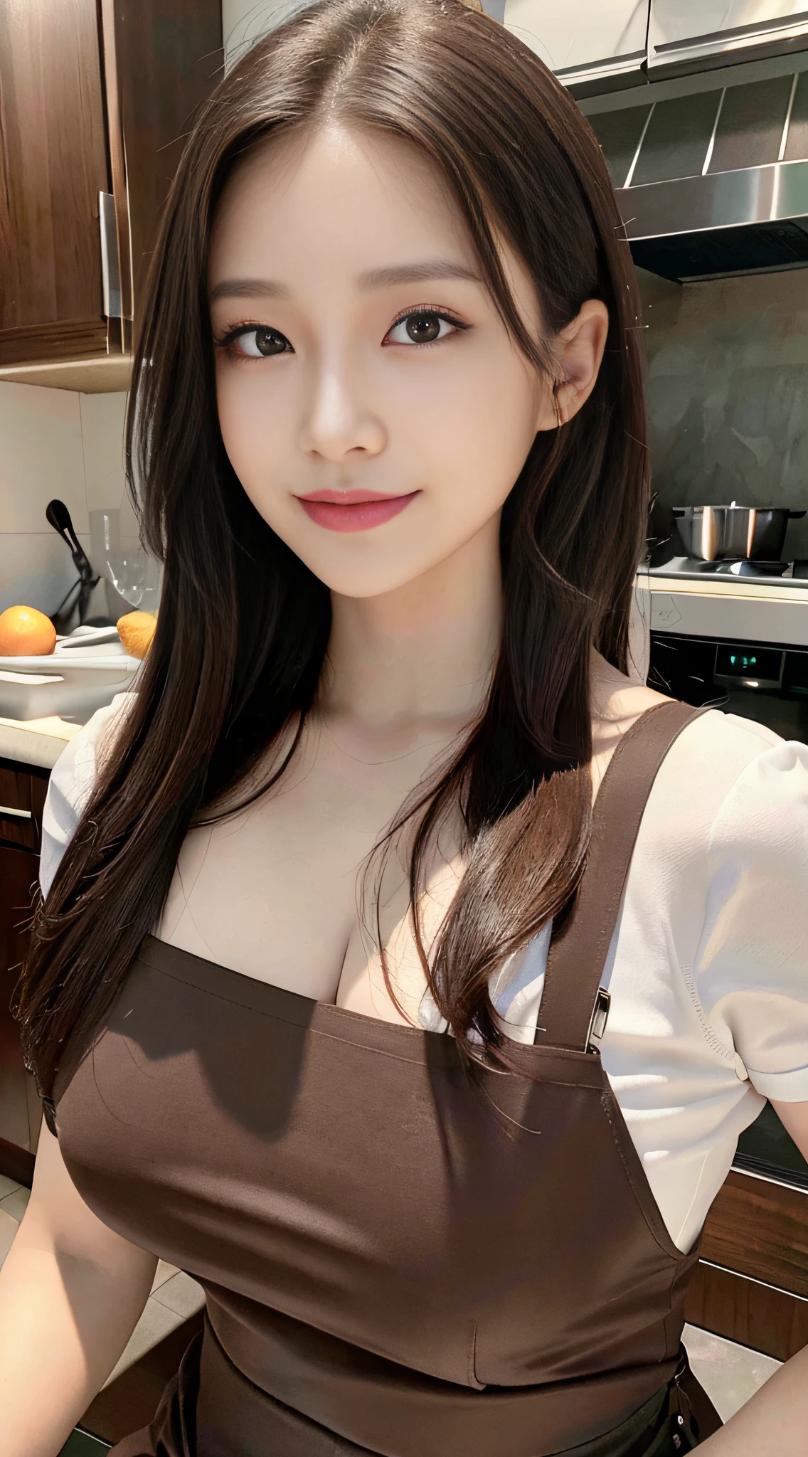 Ultra detail, high resolution, (realistic, realistic:1.4), 8k, (best quality), physical-based rendering, realistic photos, professional color grading, highest quality, beautiful woman with perfect body: 1.4, dark brown hair, wearing an apron, in the kitchen, very detailed face and skin, detailed eyes, double eyelids, smile