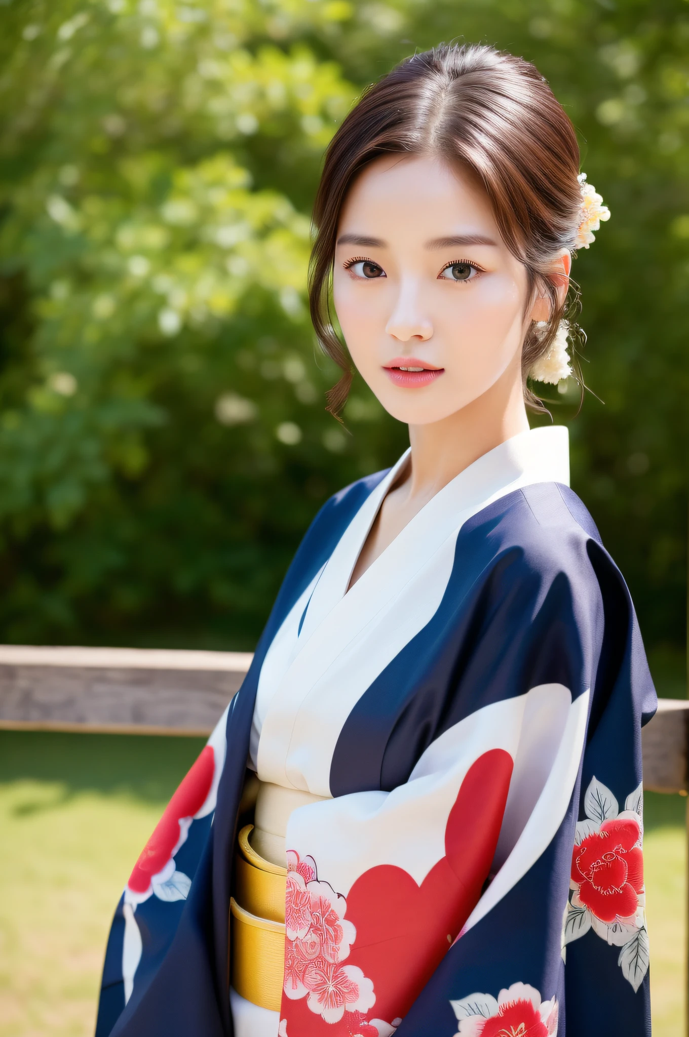 ((Top Quality, 8K, Masterpiece: 1.3)), Sharp Focus: 1.2, (Super Beautiful Face: 1.0), (Glossy Skin: 1.0), Realistic Photos, Black Hair, Realistic Pupils, Movie Lighting, Highly Detailed Eyes and Face, Movie Lighting, (Cowboy Shot: 1.0), (kimono, hakama, obi: 1.15), (Korean Cute Actress), in nature, classic kimono, happy, japanese model