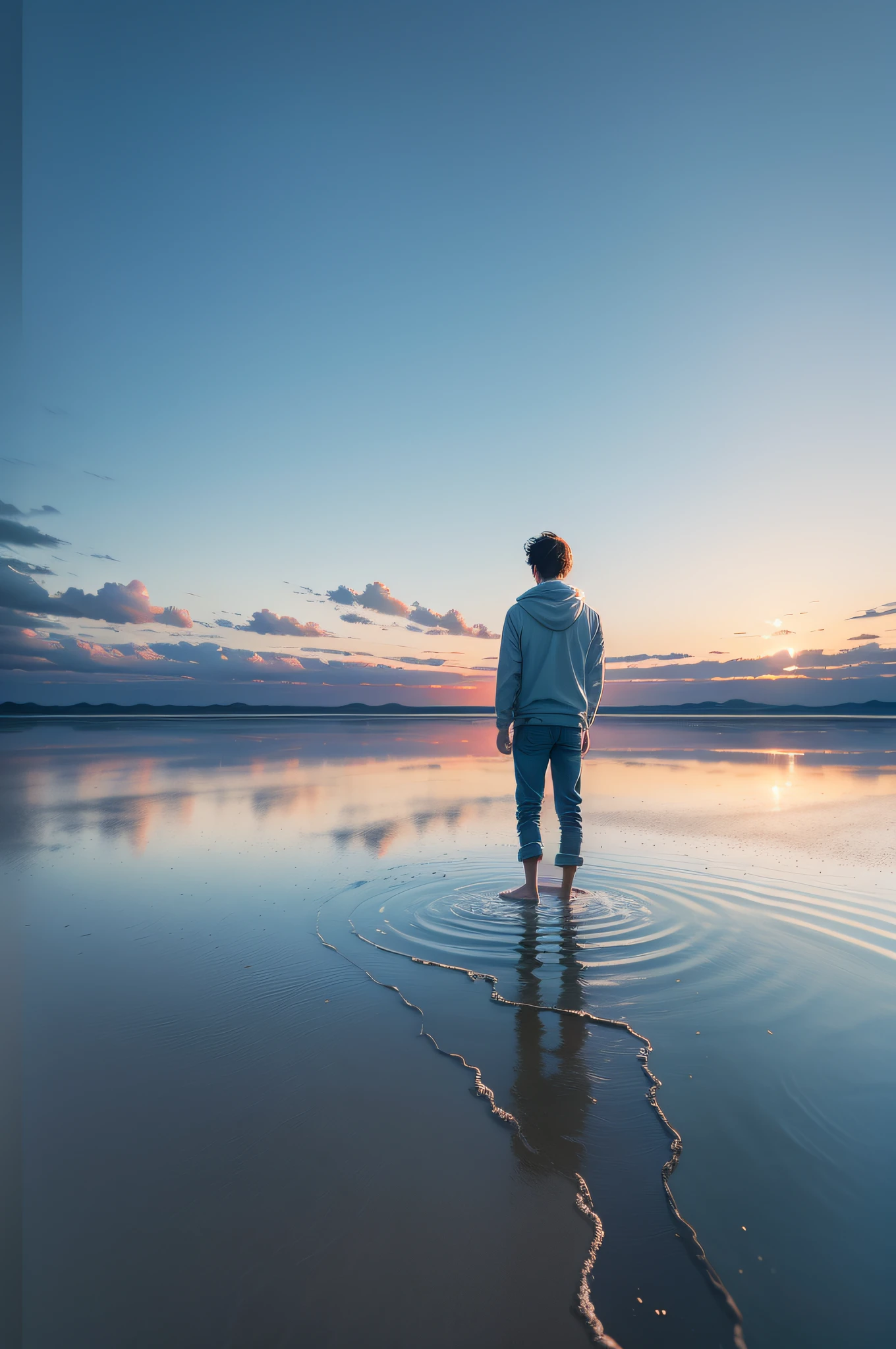 (RAW photo, best quality), (realistic, photo-realistic:1.3), MASTERPIECE, maximum quality, photography, a fit young man standing on a beach with a beautiful sky background, at the salar de uyuni, at salar de uyuni, standing in a lake, constructed upon salar de uyuni, standing on the water ground, looking into the horizon, standing in shallow water, stands in a pool of water, beautiful sky, film lights,