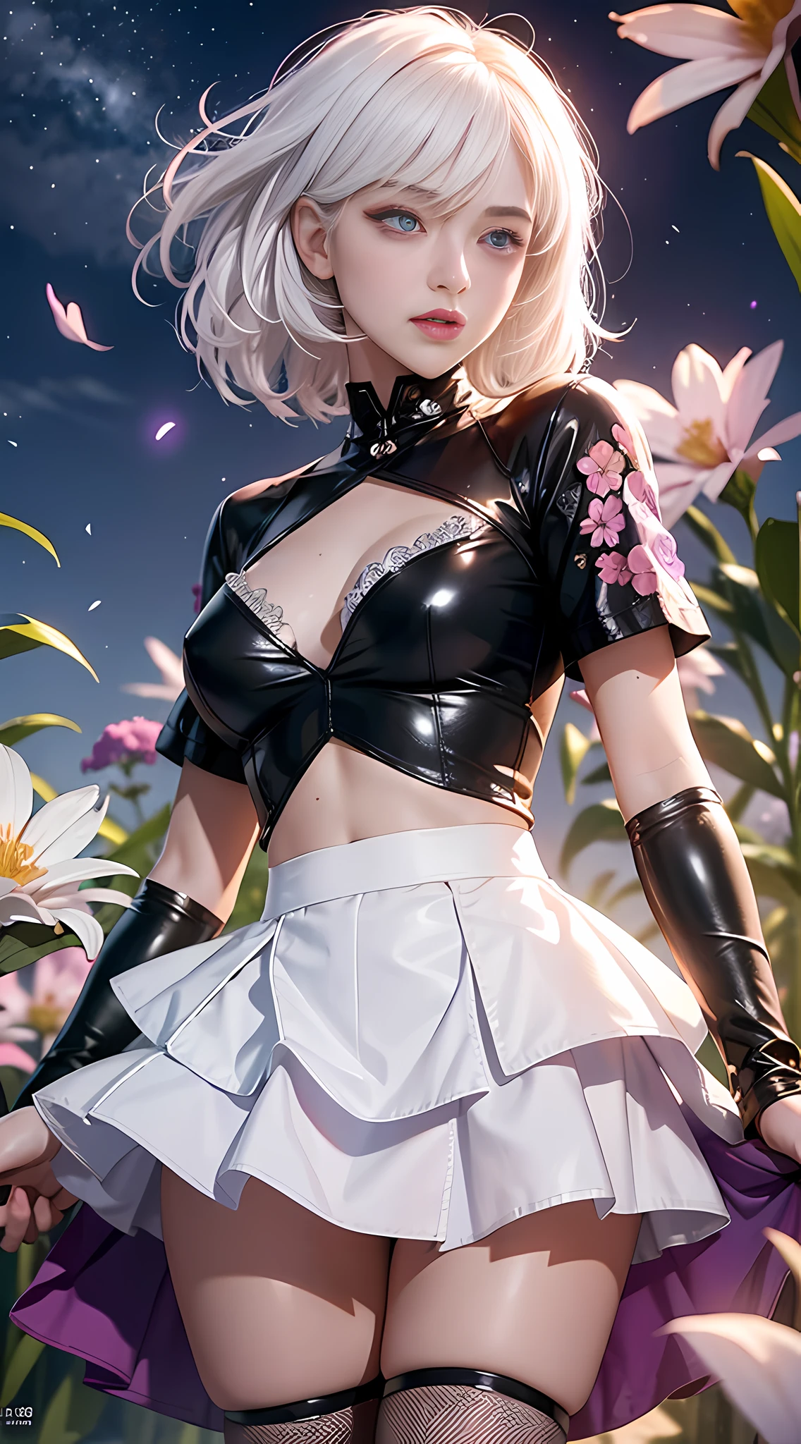 Realistic, 1girl, white hair, purple eyes, glowing eyes, cropped top, skirt, parted lips, blush, night, flowers, sun, sun, sexy, feminine, seductive, provocative, multi-angle shooting, appropriate pose