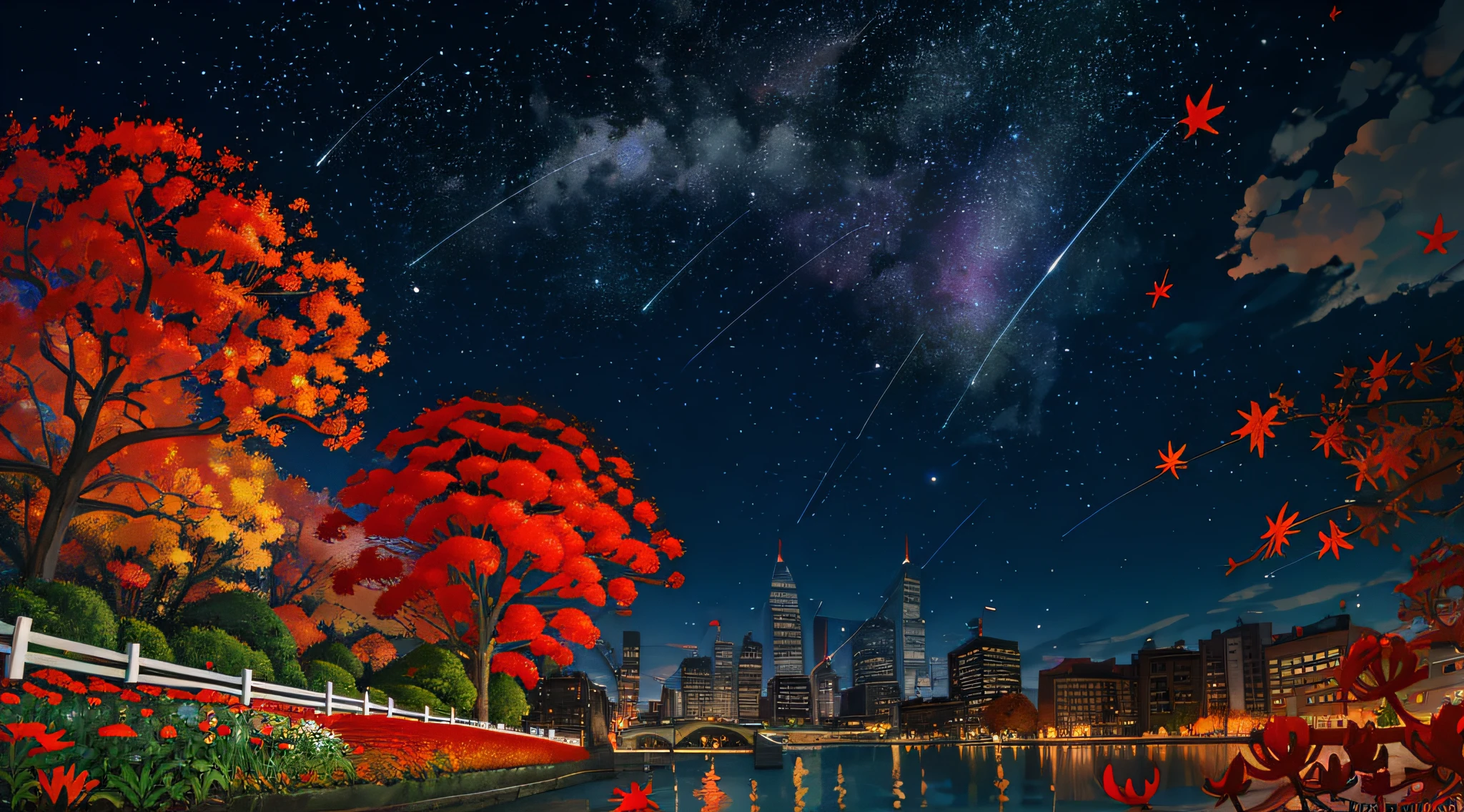 Scenery , City , Garden , Flowers , Lycoris Radiata , Red Spider Lily , Lycoris , Fall , Wind  , Blue sky , Evening , Sun , floating leaves, autumn , shooting stars in the sky