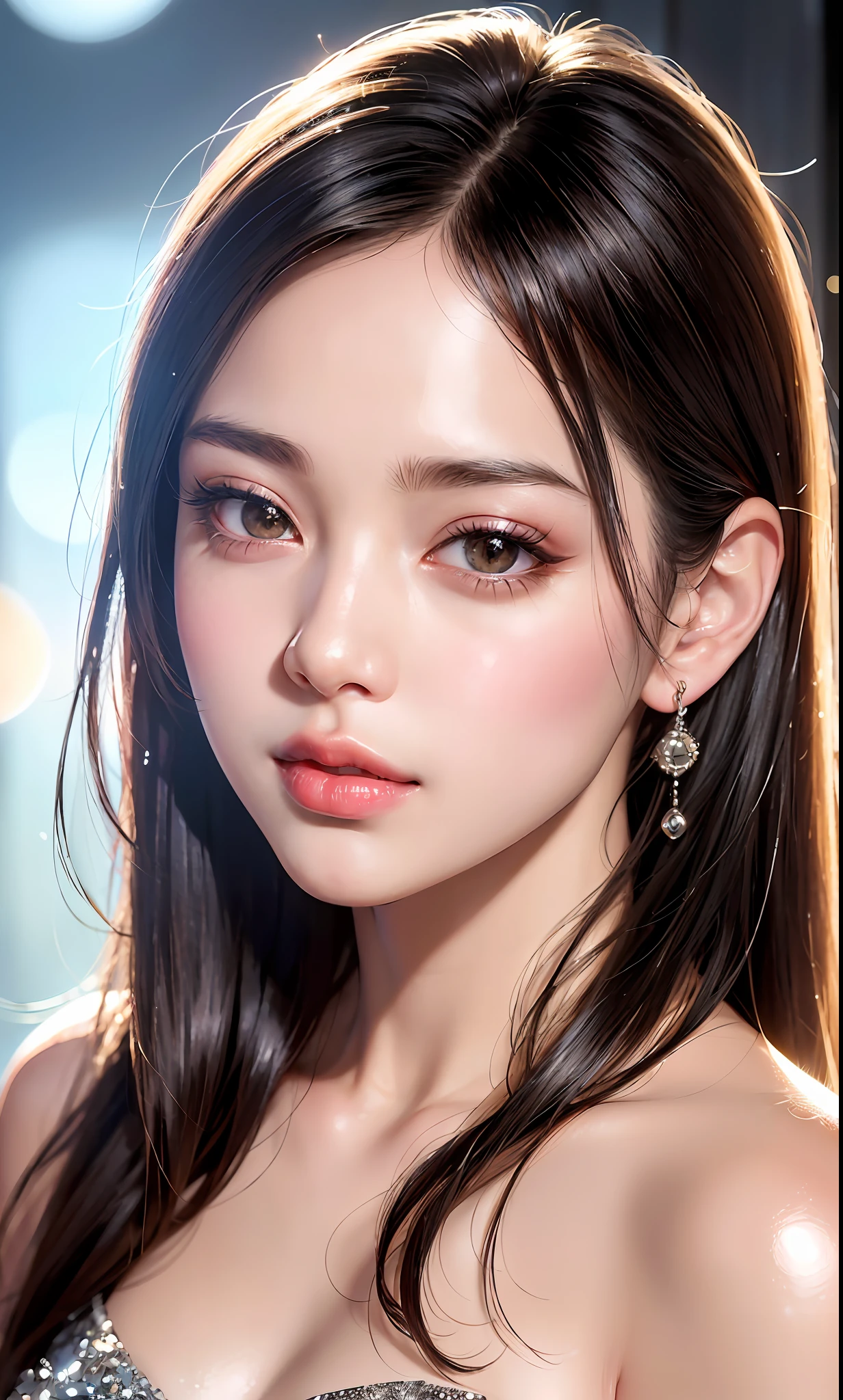 (8k, RAW photo, photorealistic: 1.25), (lip gloss, eyelashes, shiny face, shiny skin, best quality, ultra-high resolution, depth of field, chromatic aberration, caustics, wide range of lighting, Natural shading, Kpop idol) looking at the viewer with a calm and goddess-like happiness,