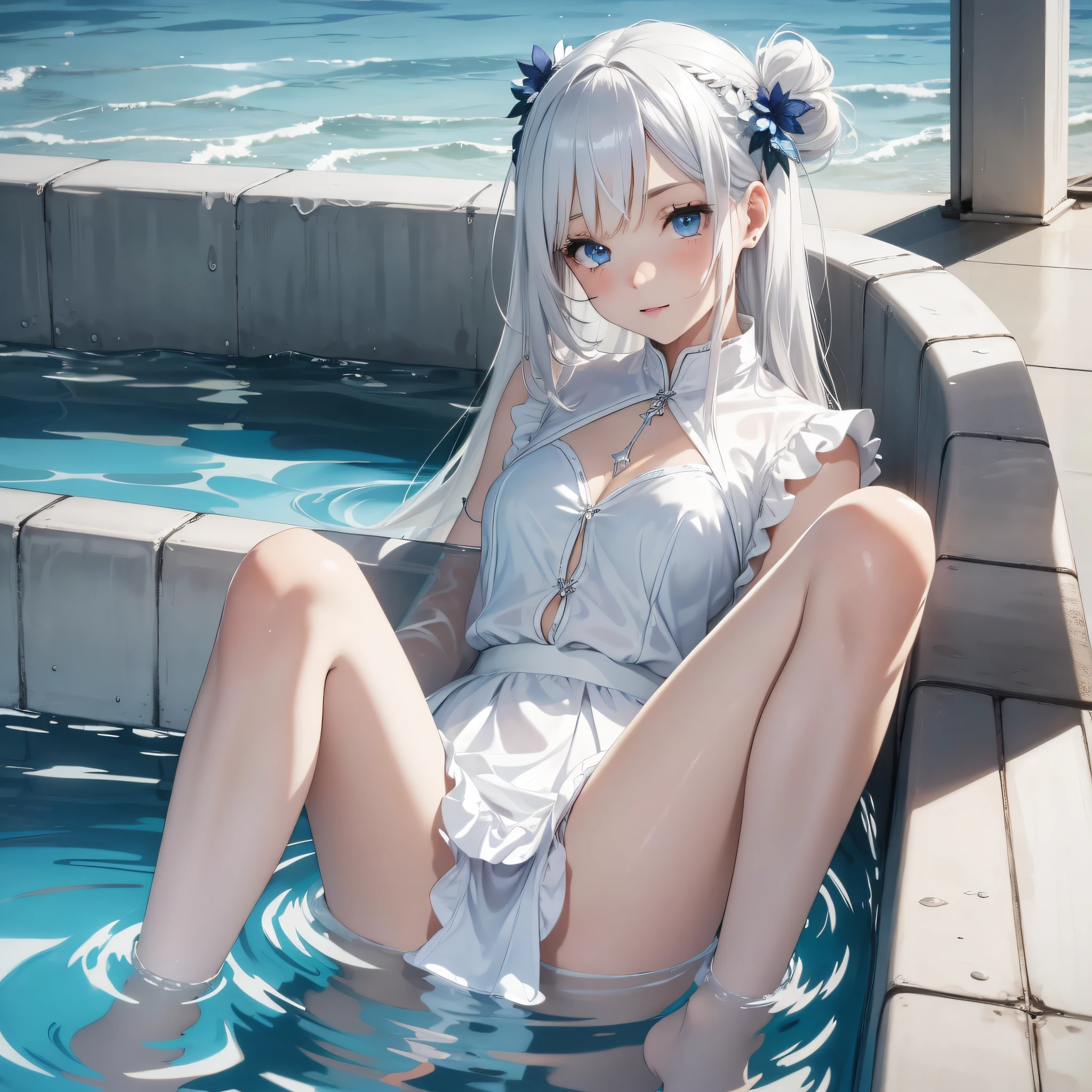 White silk skirt in the pool White silver hair, slender white legs, pure and cute, blue eyes