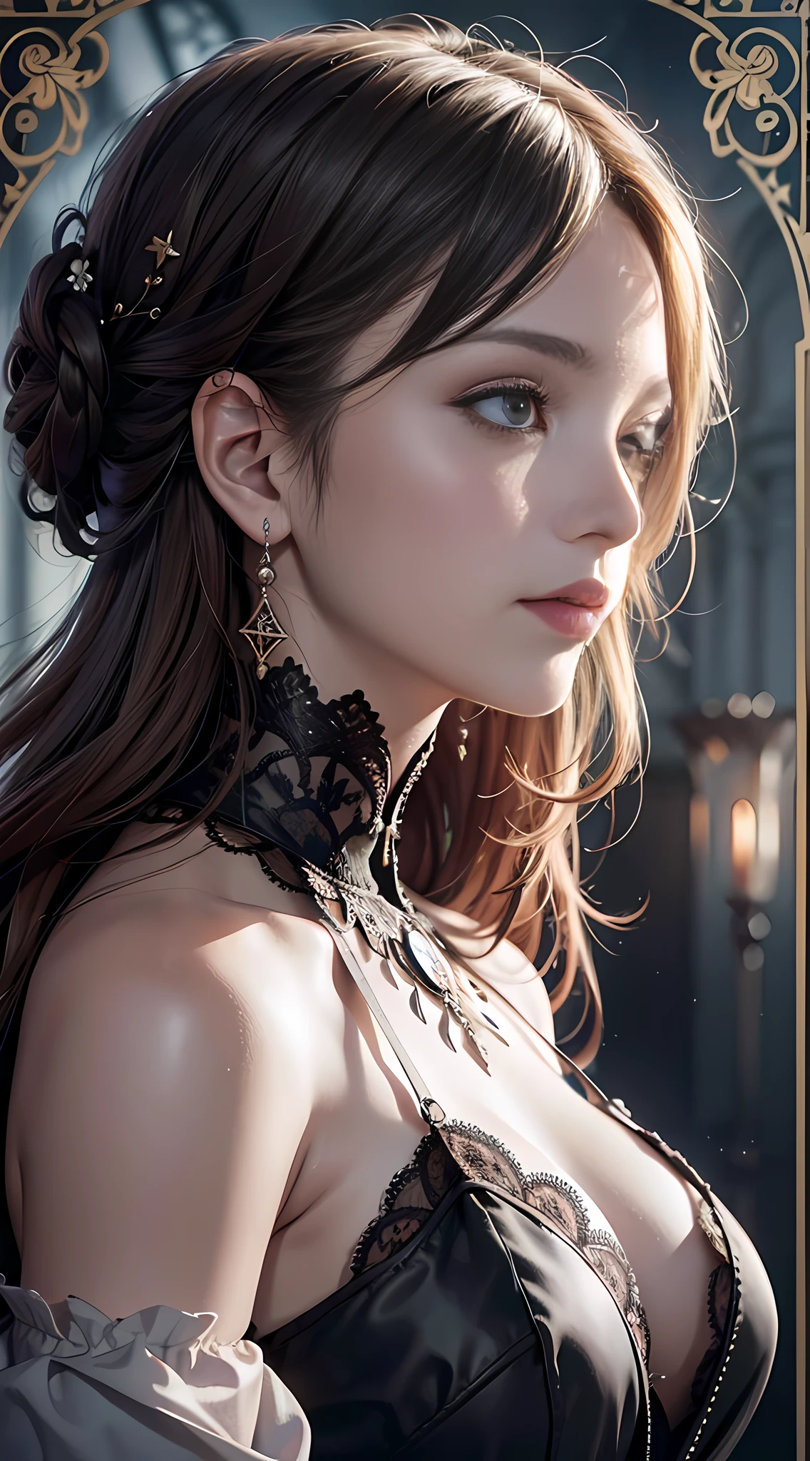 Official Art, Unity 8k wallpaper, ultra-detailed, beautiful, beautiful, masterpiece, best quality, dark, atmospheric, mystical, romantic, creepy, literature, art, fashion, victorian, decoration, intricate, ironwork, lace, contemplative, emotional depth, supernatural, 1 girl, solo, neck, bust composition