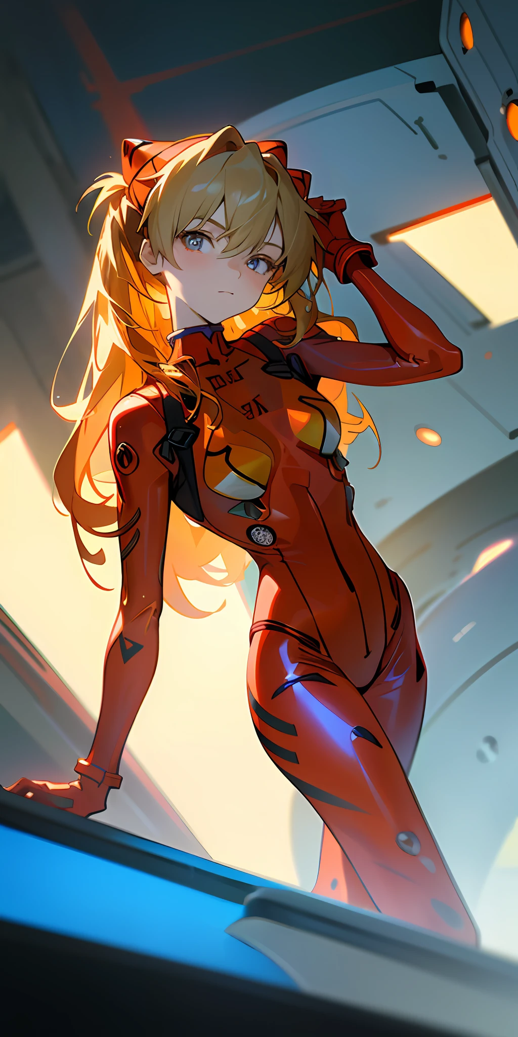(Overhead view),dynamic angle,ultra-detailed, illustration, close-up, straight on, 1girl, 
 ((souryuu asuka langley, interface headset, red bodysuit:1.4, blonde)),Her eyes shone like dreamy stars,(glowing eyes:1.233),(beautiful and detailed eyes:1.1),(expressionless,closed mouth),(standing), 
(mechanic room with toolsand spaceship windowin a white SPACESHIP),
(night:1.2),dreamy, [[delicate fingers and hands:0.55]::0.85],(detail fingers),
