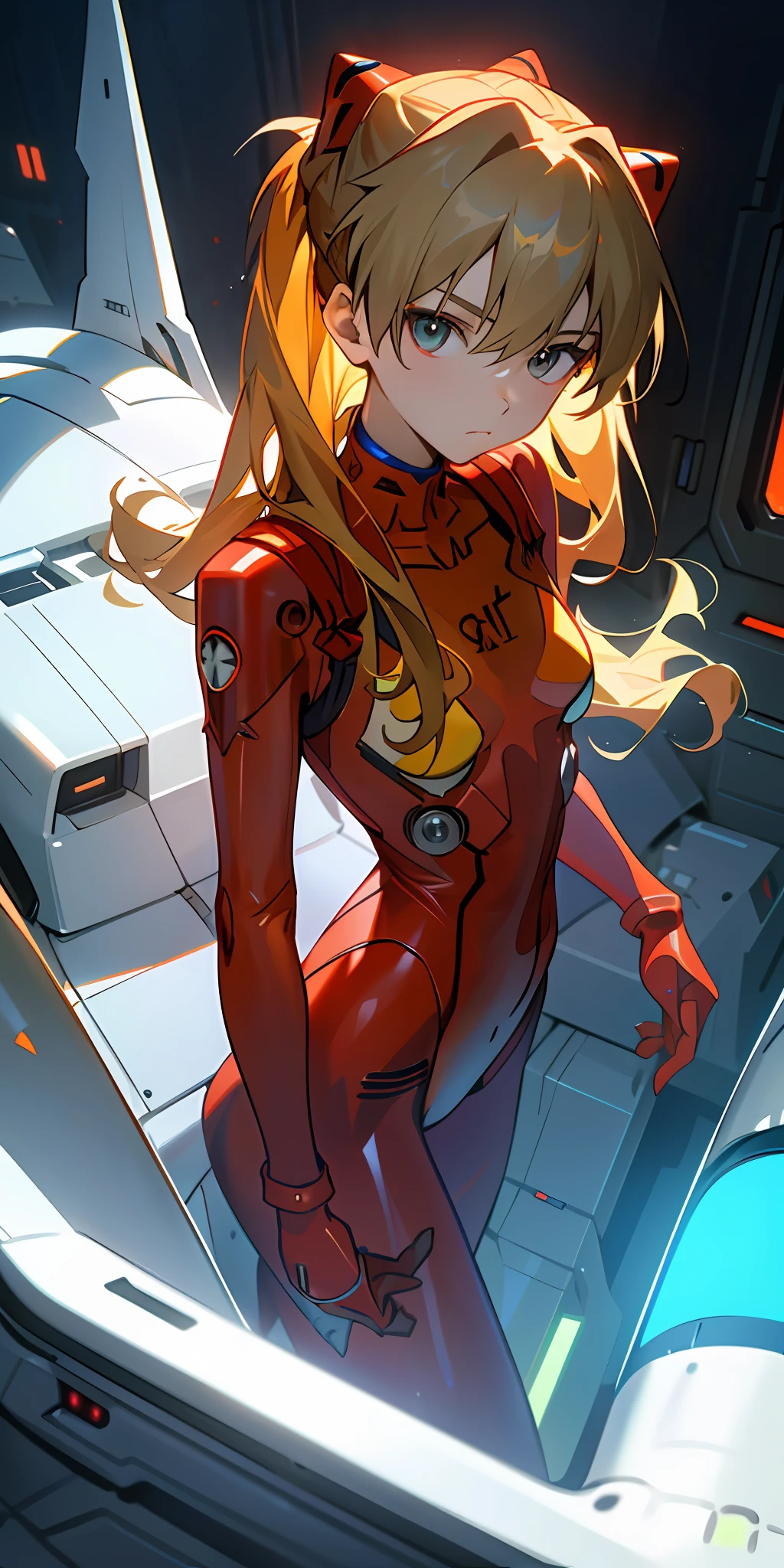 (Overhead view),dynamic angle,ultra-detailed, illustration, close-up, straight on, 1girl, 
 ((souryuu asuka langley, interface headset, red bodysuit:1.4, blonde)),Her eyes shone like dreamy stars,(glowing eyes:1.233),(beautiful and detailed eyes:1.1),(expressionless,closed mouth),(standing), 
(mechanic room with toolsand spaceship windowin a white SPACESHIP),
(night:1.2),dreamy, [[delicate fingers and hands:0.55]::0.85],(detail fingers),