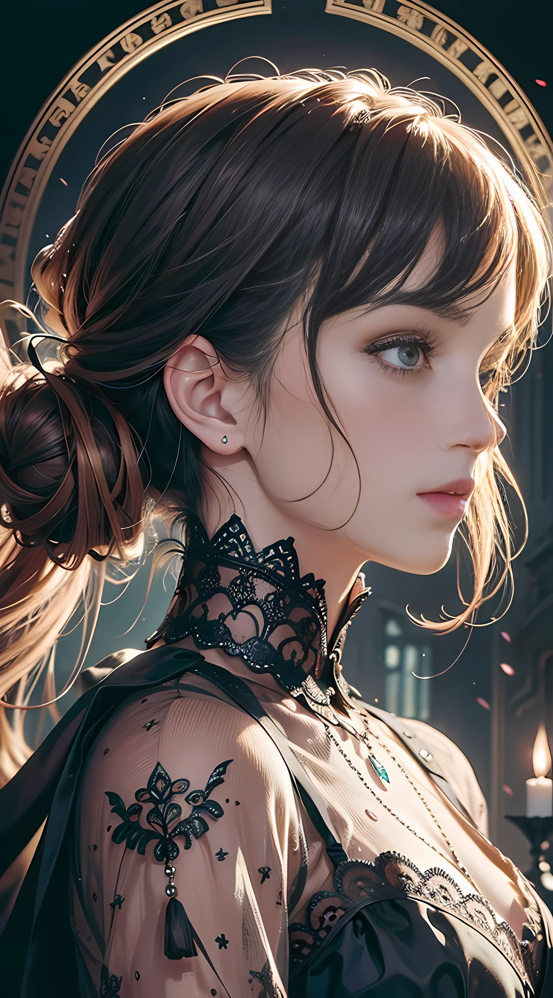 Official Art, Unity 8k wallpaper, ultra-detailed, beautiful, beautiful, masterpiece, best quality, dark, atmospheric, mystical, romantic, creepy, literature, art, fashion, victorian, decoration, intricate, ironwork, lace, contemplative, emotional depth, supernatural, 1 girl, solo, neck, bust composition