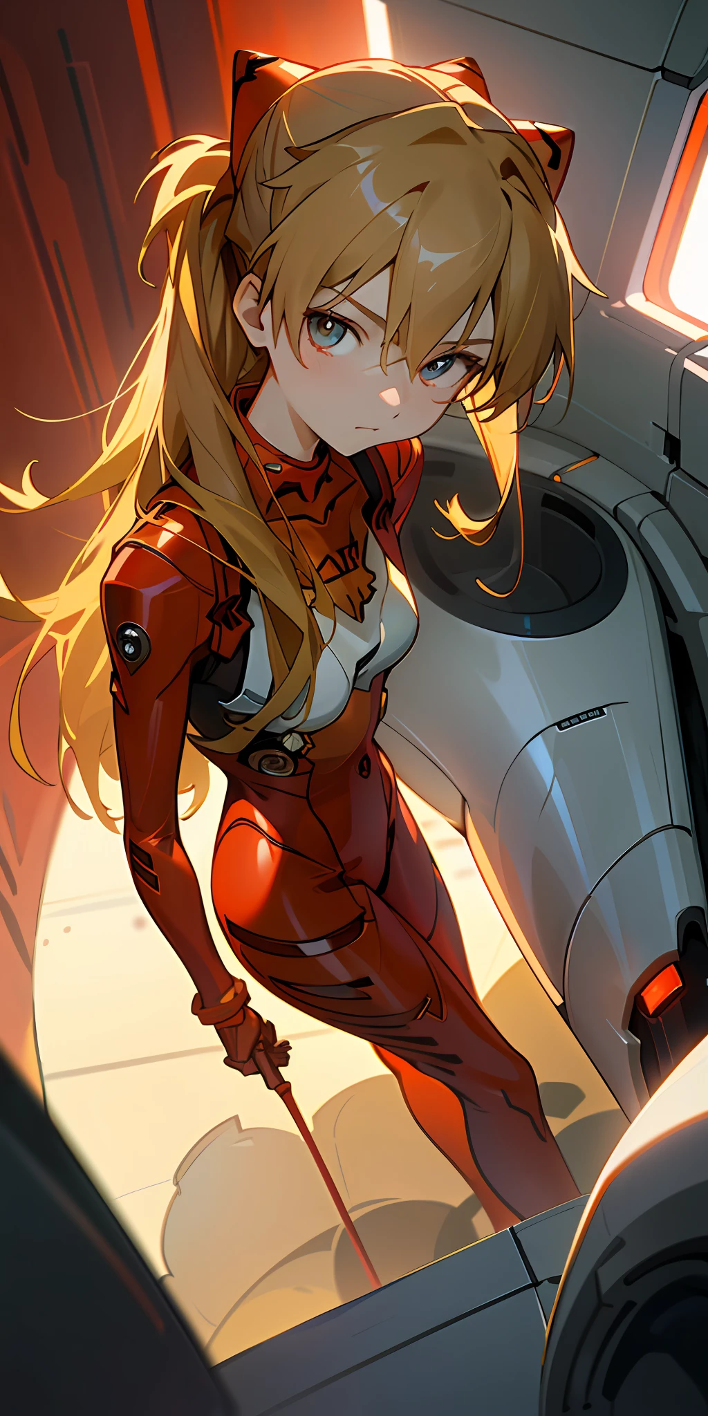(Overhead view),dynamic angle,ultra-detailed, illustration, close-up, straight on, 1girl, 
 ((souryuu asuka langley, interface headset, red bodysuit:1.4, blonde)),Her eyes shone like dreamy stars,(glowing eyes:1.233),(beautiful and detailed eyes:1.1),(expressionless,closed mouth),(standing), 
(mechanic room with toolsand spaceship windowin a white SPACESHIP),
(night:1.2),dreamy, [[delicate fingers and hands:0.55]::0.85],(detail fingers),