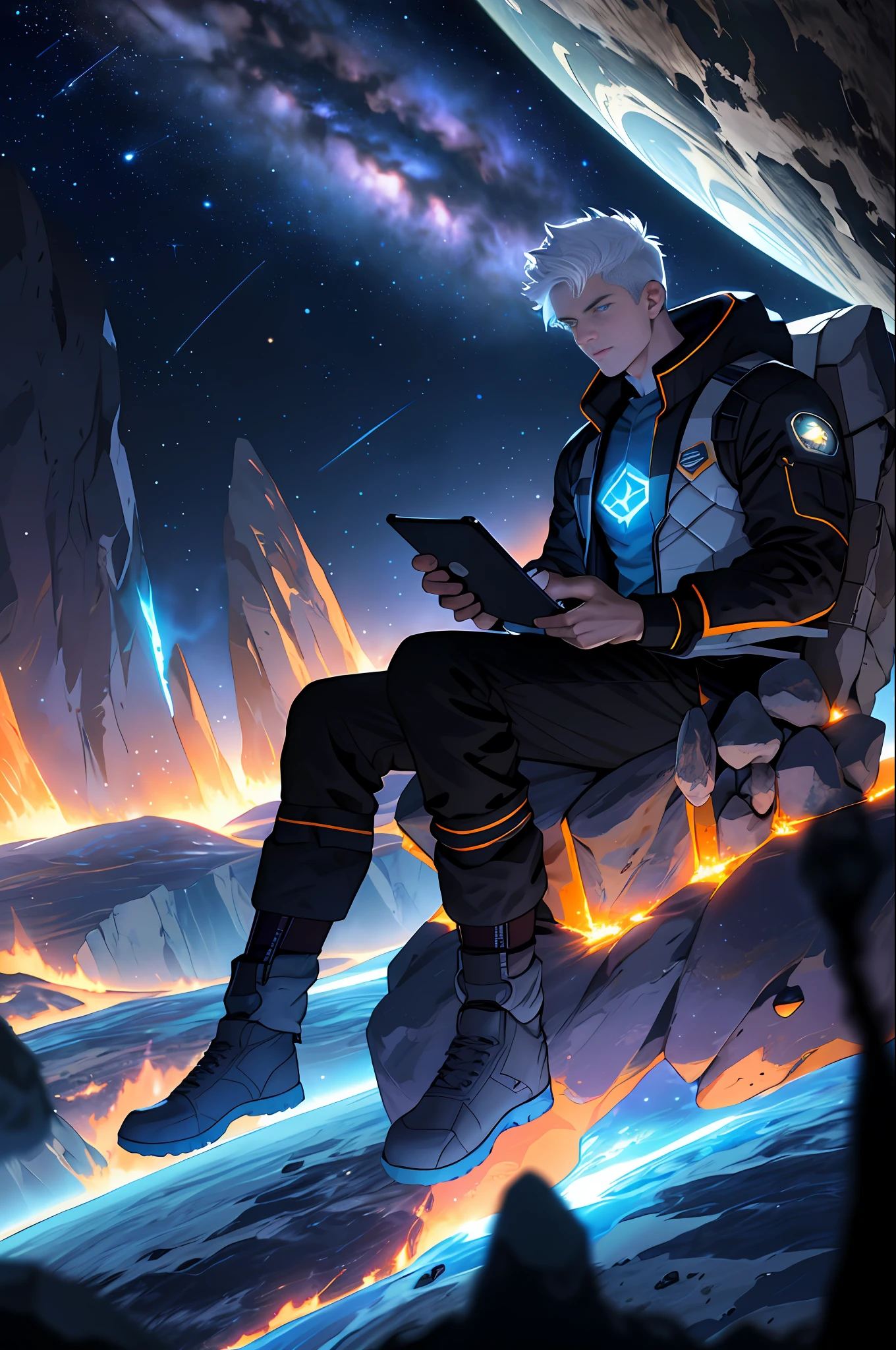 Draw a young programmer sitting on a research platform floating in the middle of an asteroid belt. He is studying with a tablet, surrounded by several asteroids glowing with auras of fire. The dramatic illumination of distant stars and planets illuminates the scene, casting deep shadows over the costume. The white-haired young man looks confident and determined, looking at the vast and mysterious universe with admiration and respect (details on his face)