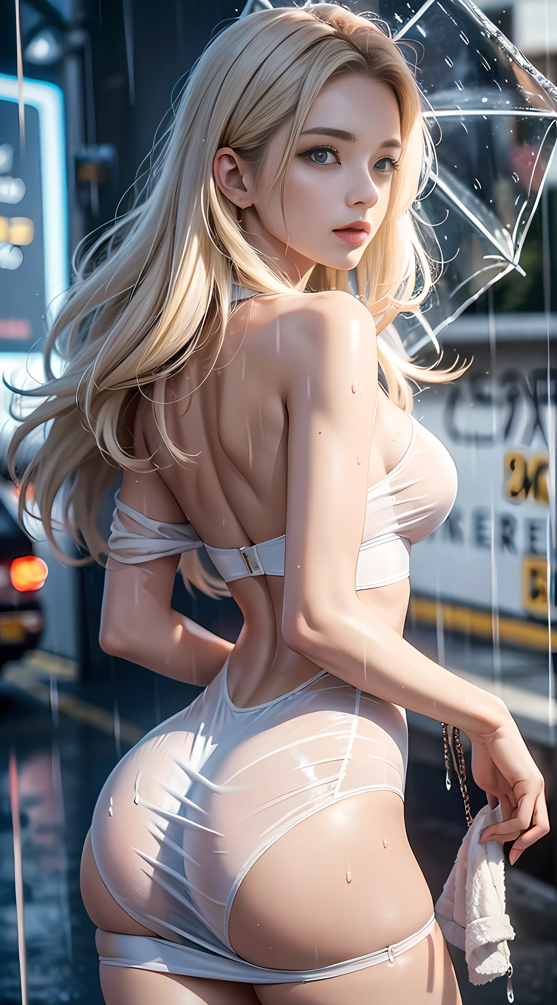 ((Best Quality, 8K, Masterpiece:1.3)), Focus: 1.2, Perfect Body Beauty: 1.4, Buttocks: 1.2, ((Layered Haircut, Breasts: 1.2)), (Wet Clothes: 1.1) , (Rain, Street:1.3), Bandeau Dress: 1.1, Highly Detailed Face and Skin Texture, Delicate Eyes, Double Eyelids, Whitened Skin, Long Hair